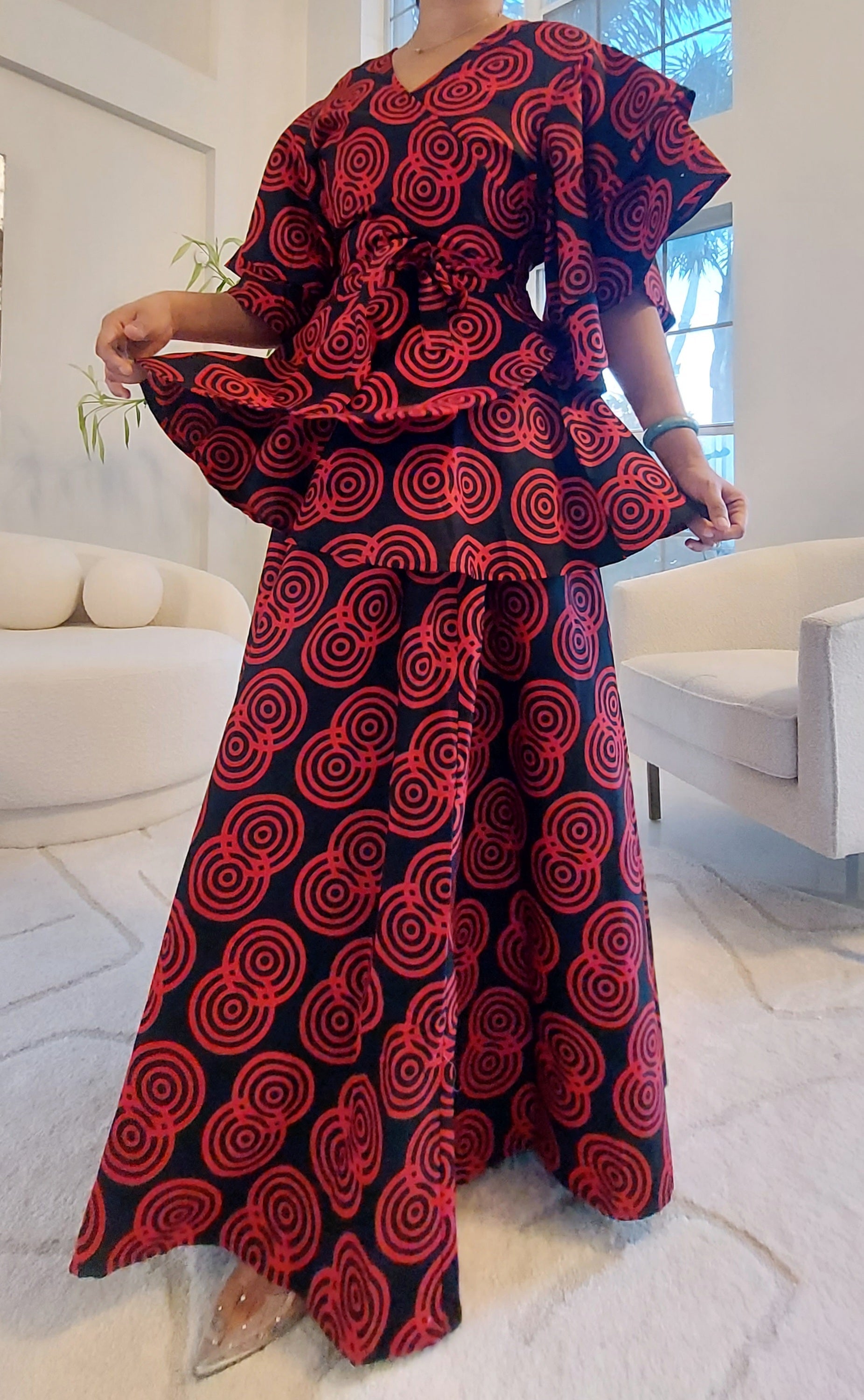 Wrap Blouse & Long Skirt-Red/Black