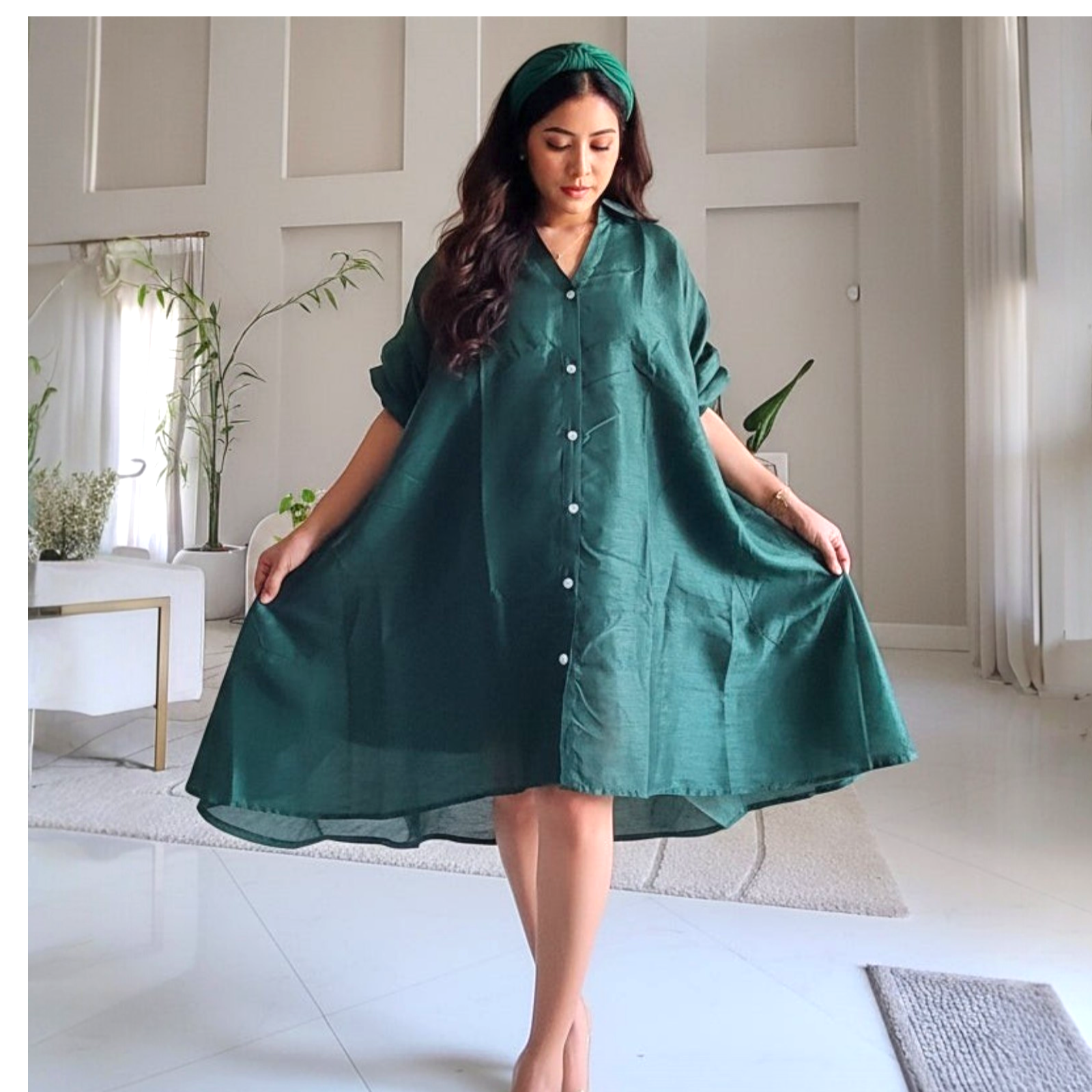 Swing Dress/ Faux Silk/ Ruffle Sleeve - 758 Forest Green