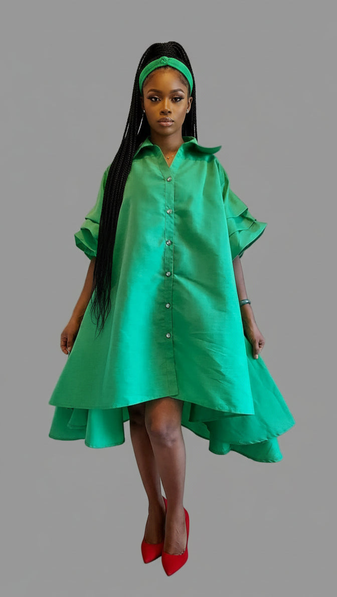 Swing Dress/ Faux Silk/ Ruffle Sleeve - Green