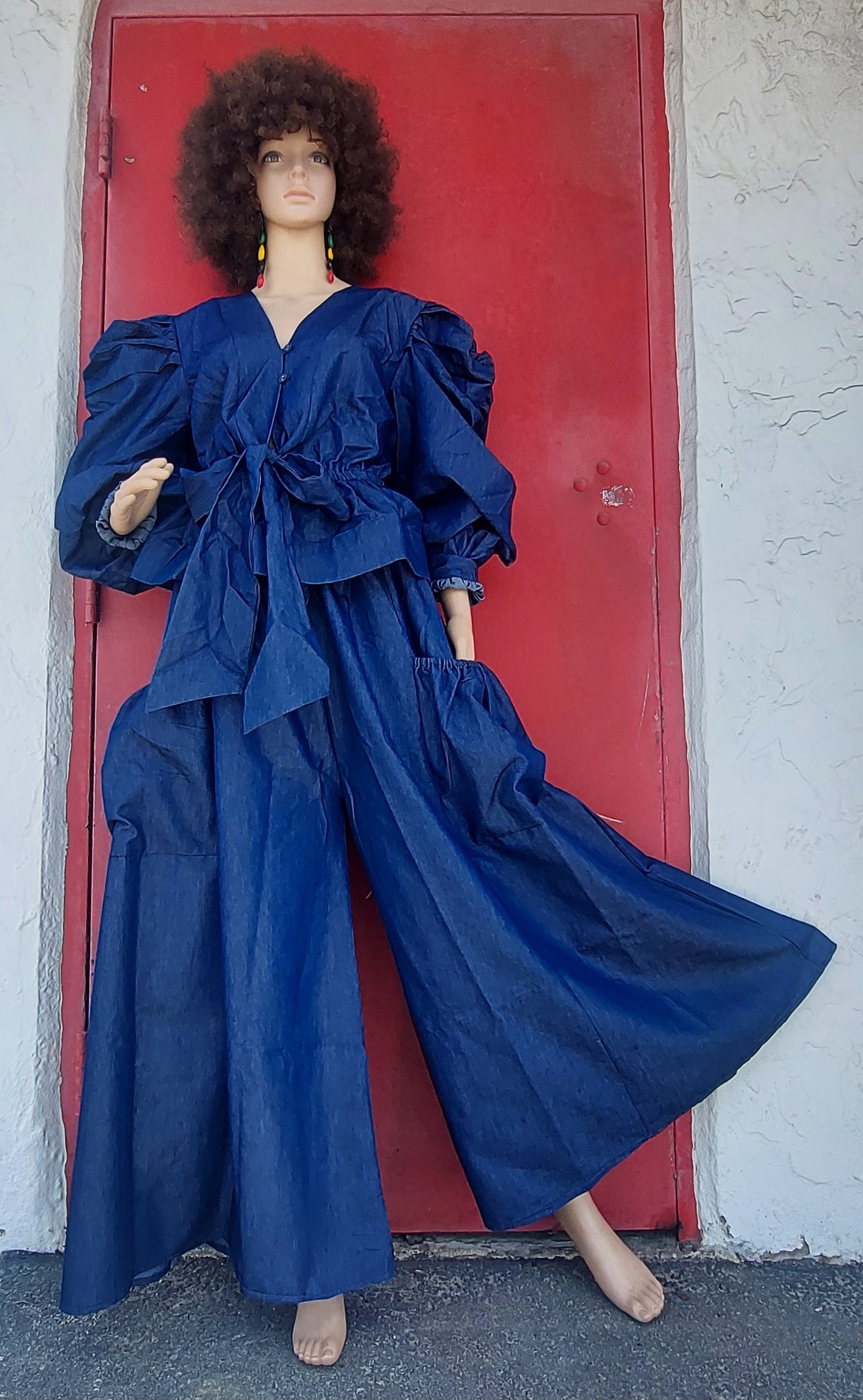 Women Set -  Denim Palazzo  Pant & Top - Indigo Blue