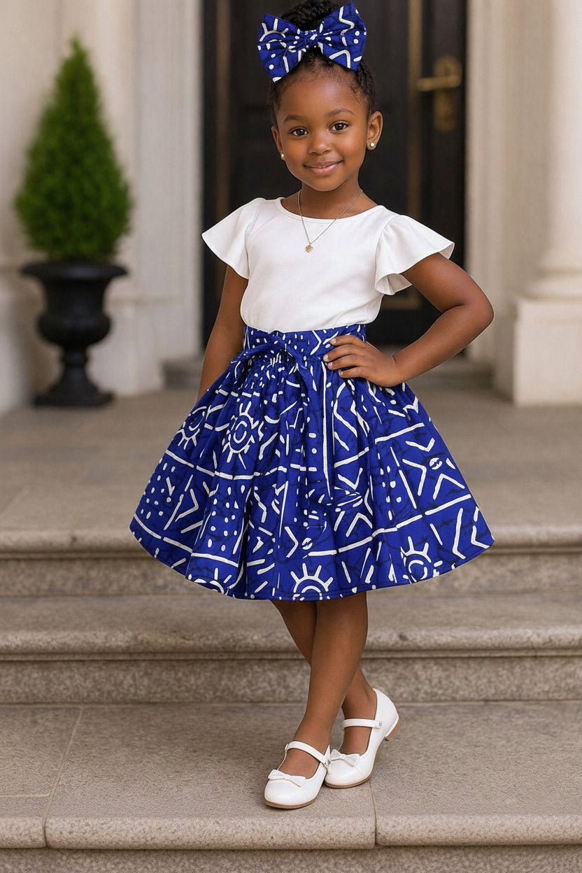 Little Girls Skirt & Head Bow Set-Kids Blue Tribal K05