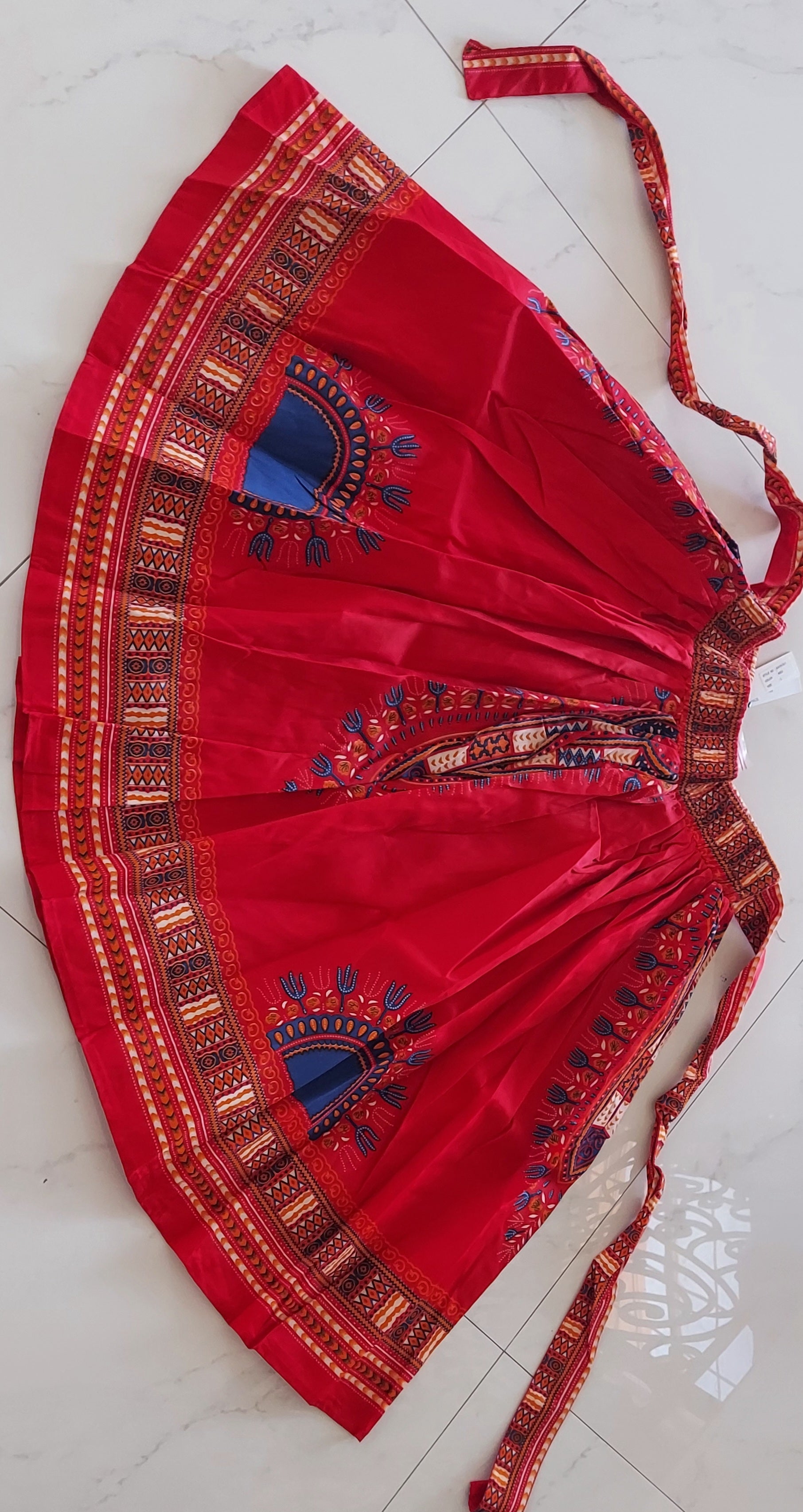 Women Mid Length Flared Skirt - Traditional Dashiki Print  521 Red