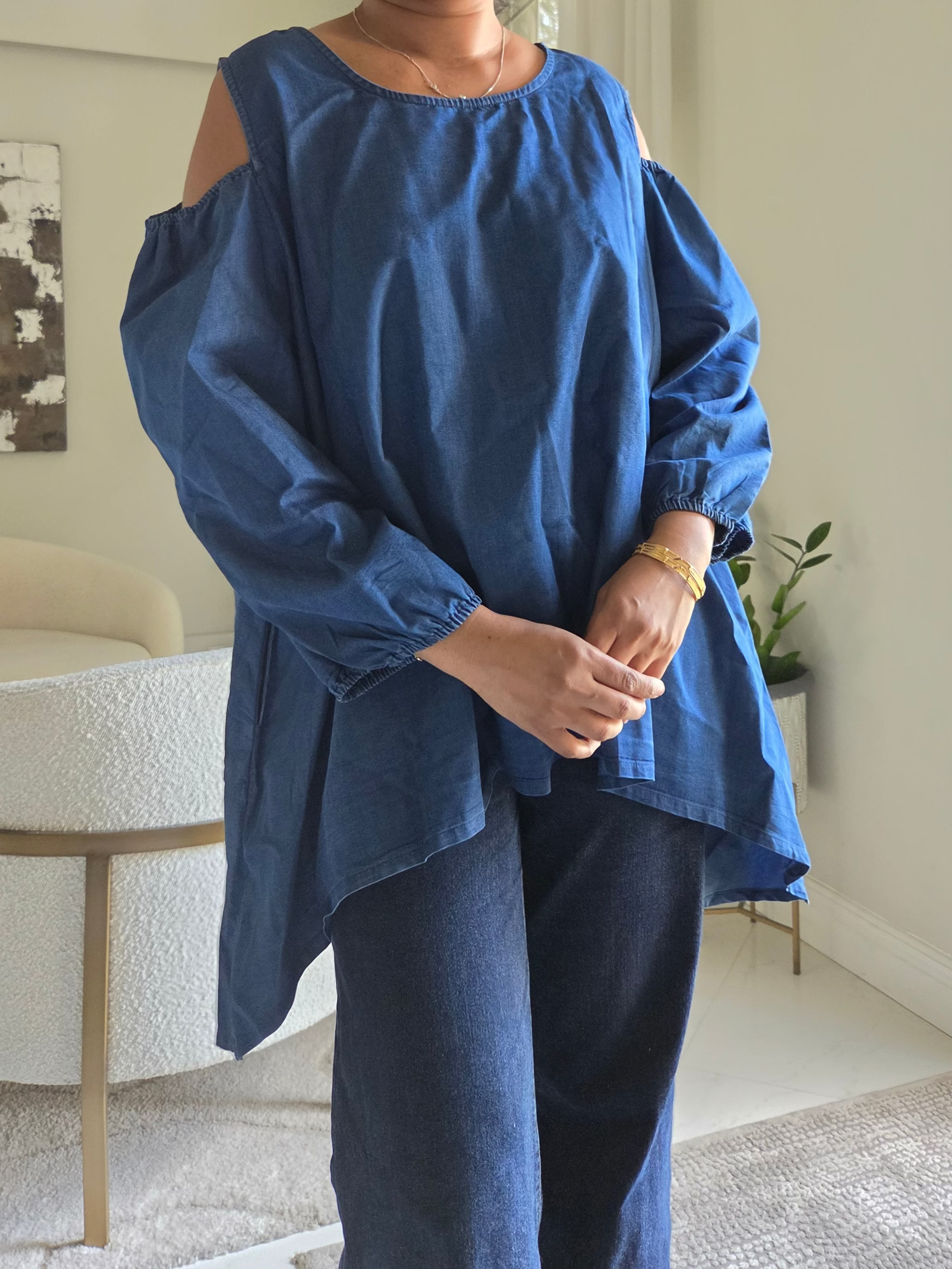 Maya Cold-Shoulder Denim Billow Blouse 848