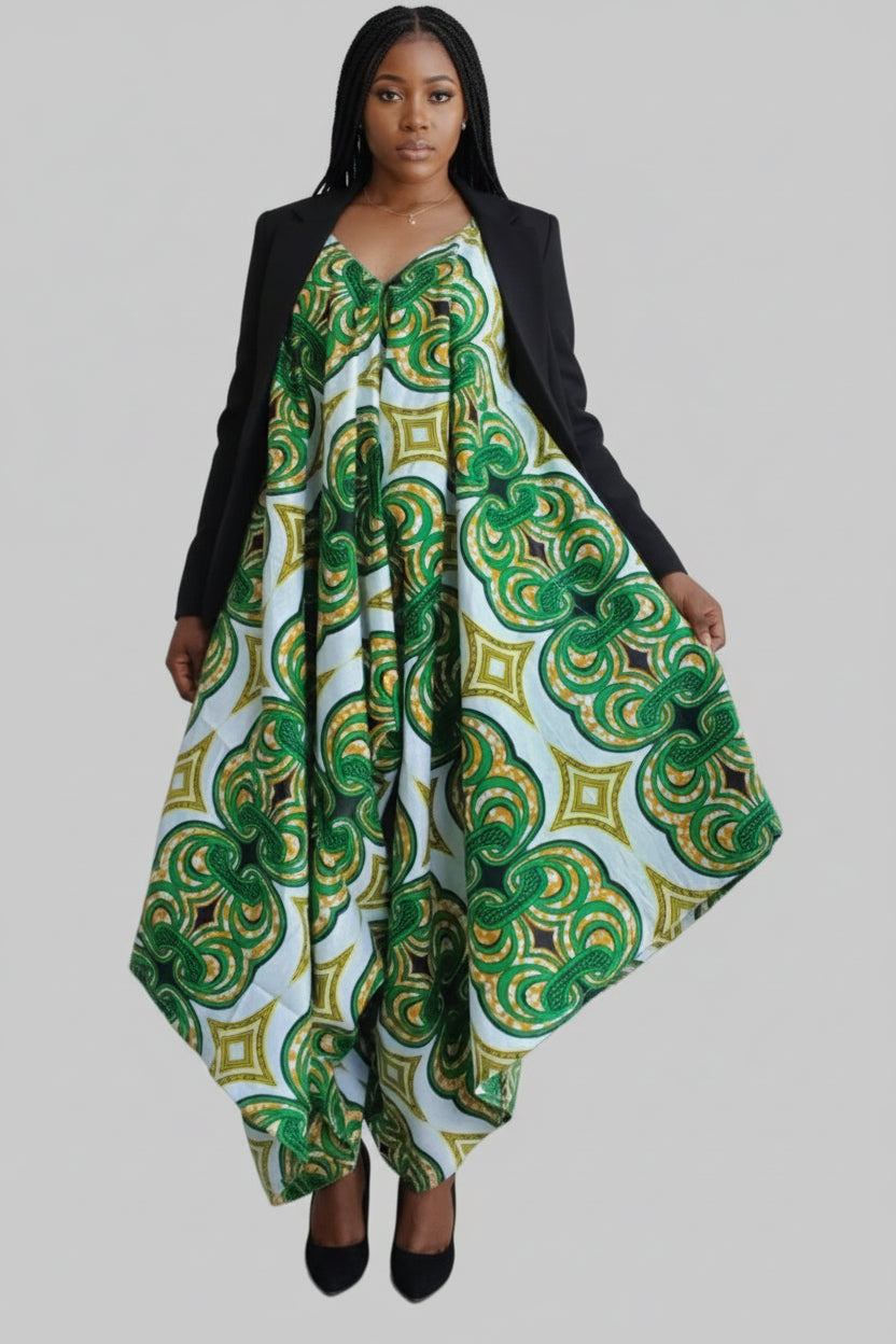 Harem Romper/Spagetti Straps/ Printed-Green/White