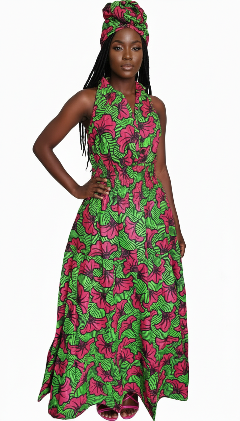 (Copy) Smocked Halter Dress With Scarf Fuchsia Floral - 3028L