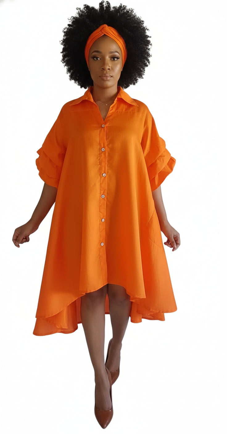Swing Dress/ Faux Silk/ Ruffle Sleeve - 25013 Orange