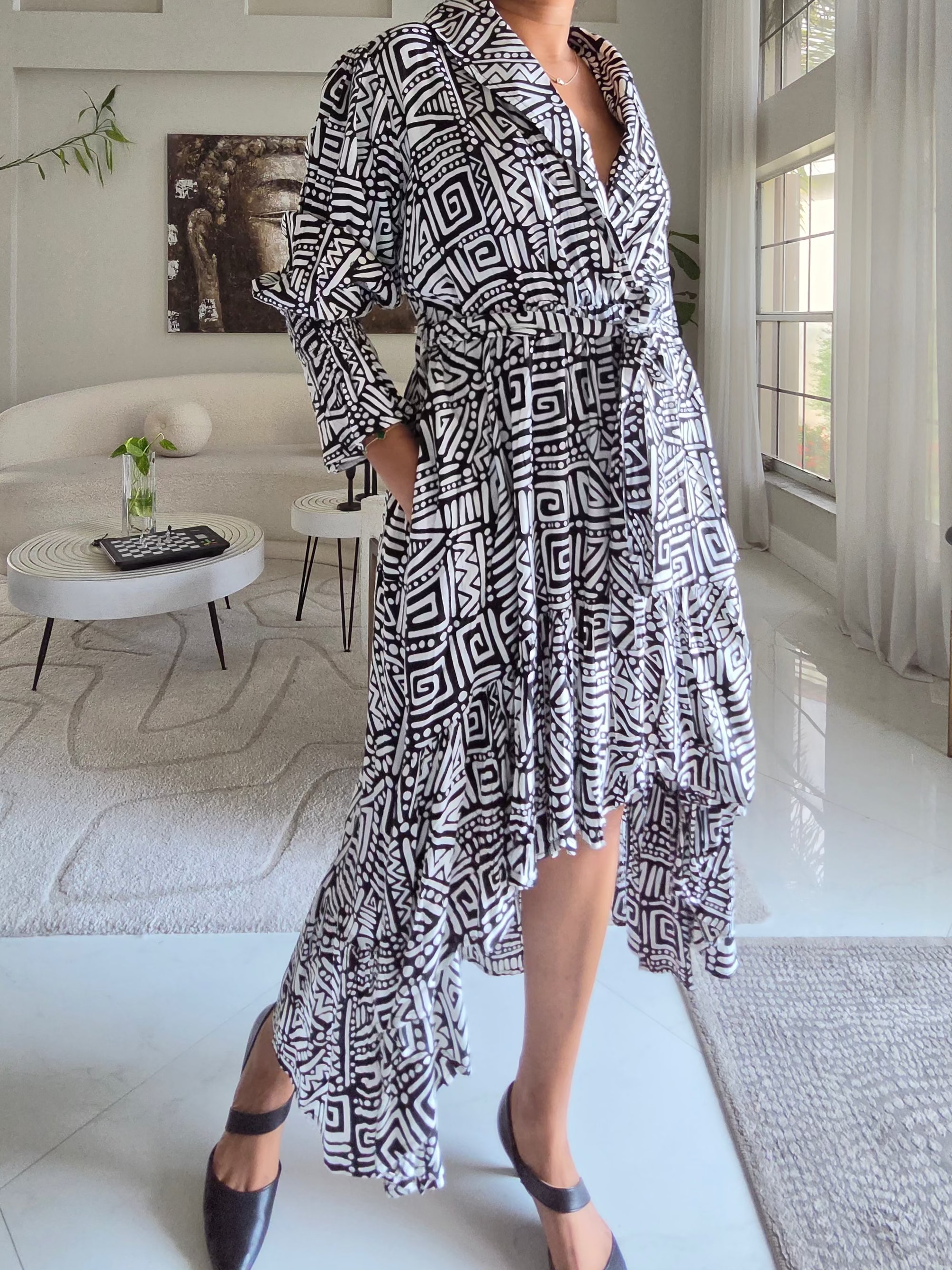 Monocrome Geometric High-Low Dress - 7632R