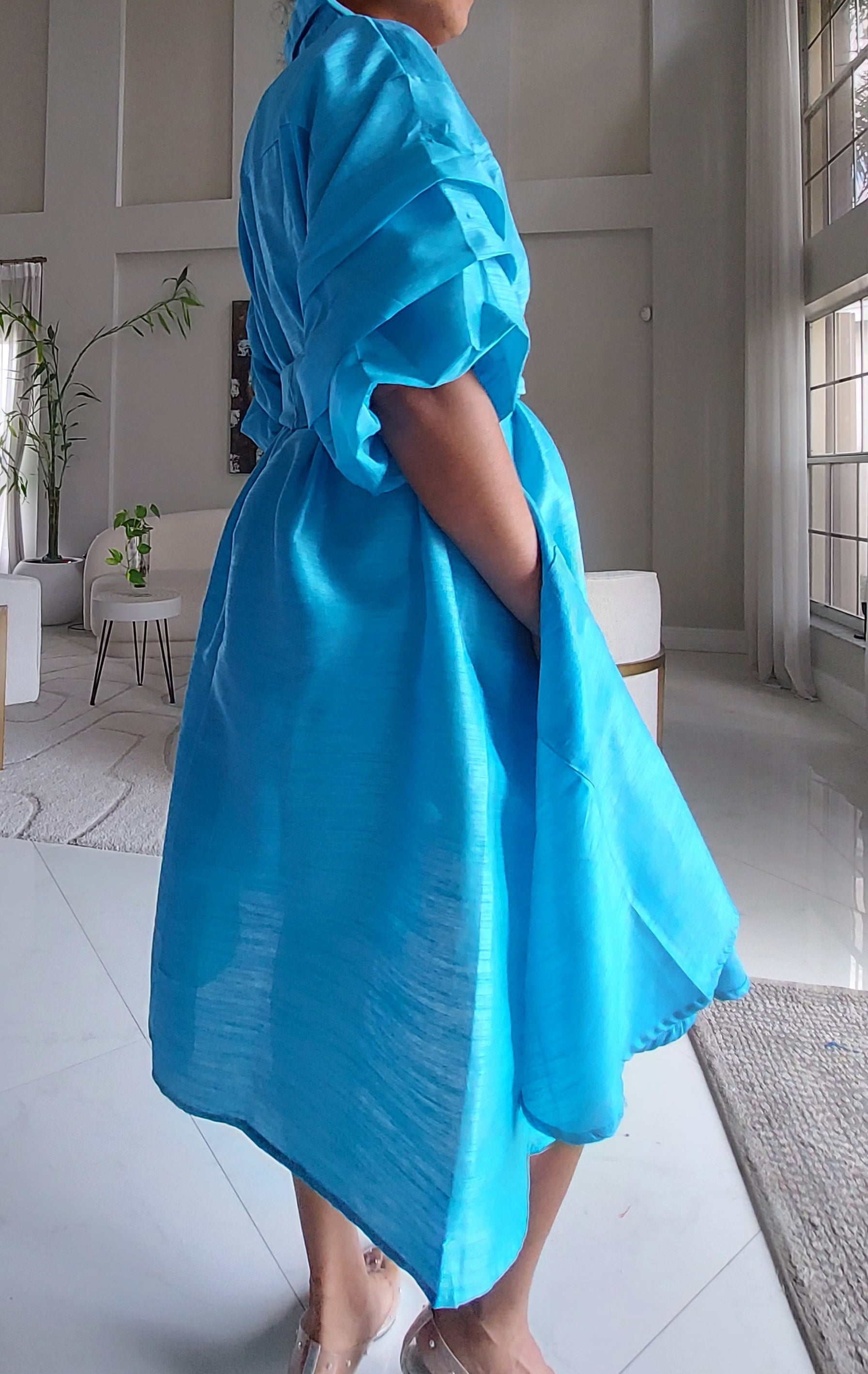 Swing Dress/ Faux Silk/ Ruffle Sleeve - 758 Light Blue