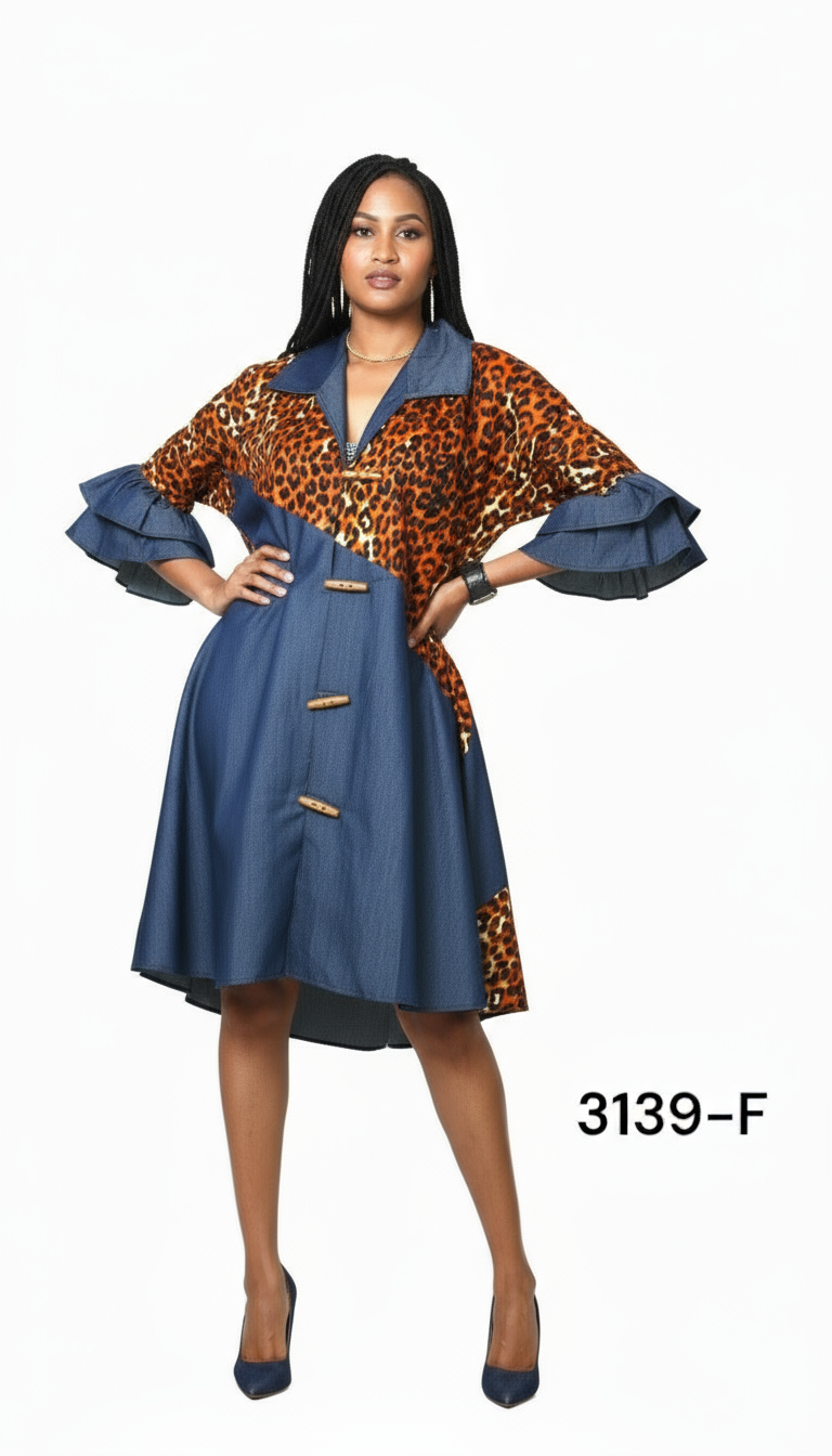 Denim Shirt Dress with Ankara African Print 3139-F India Batik Retail Denim Shirt Dress with Ankara African Print 3139-F India Batik Retail
