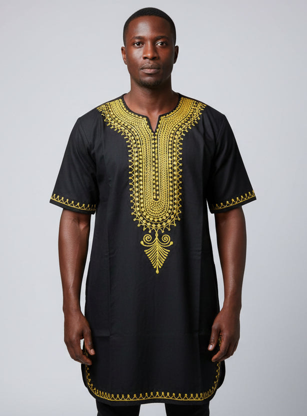 M031 Unisex kurta Embroidery Top  With Kufi Hat - Black