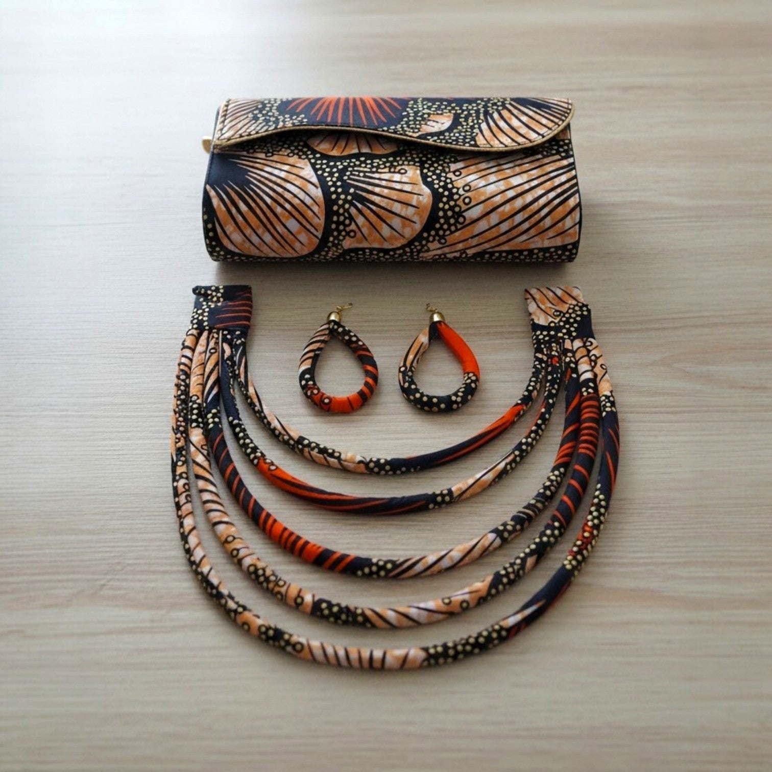 Clutch Bag & Rope  Necklace Set /African Kente /Ankara 24 Peach