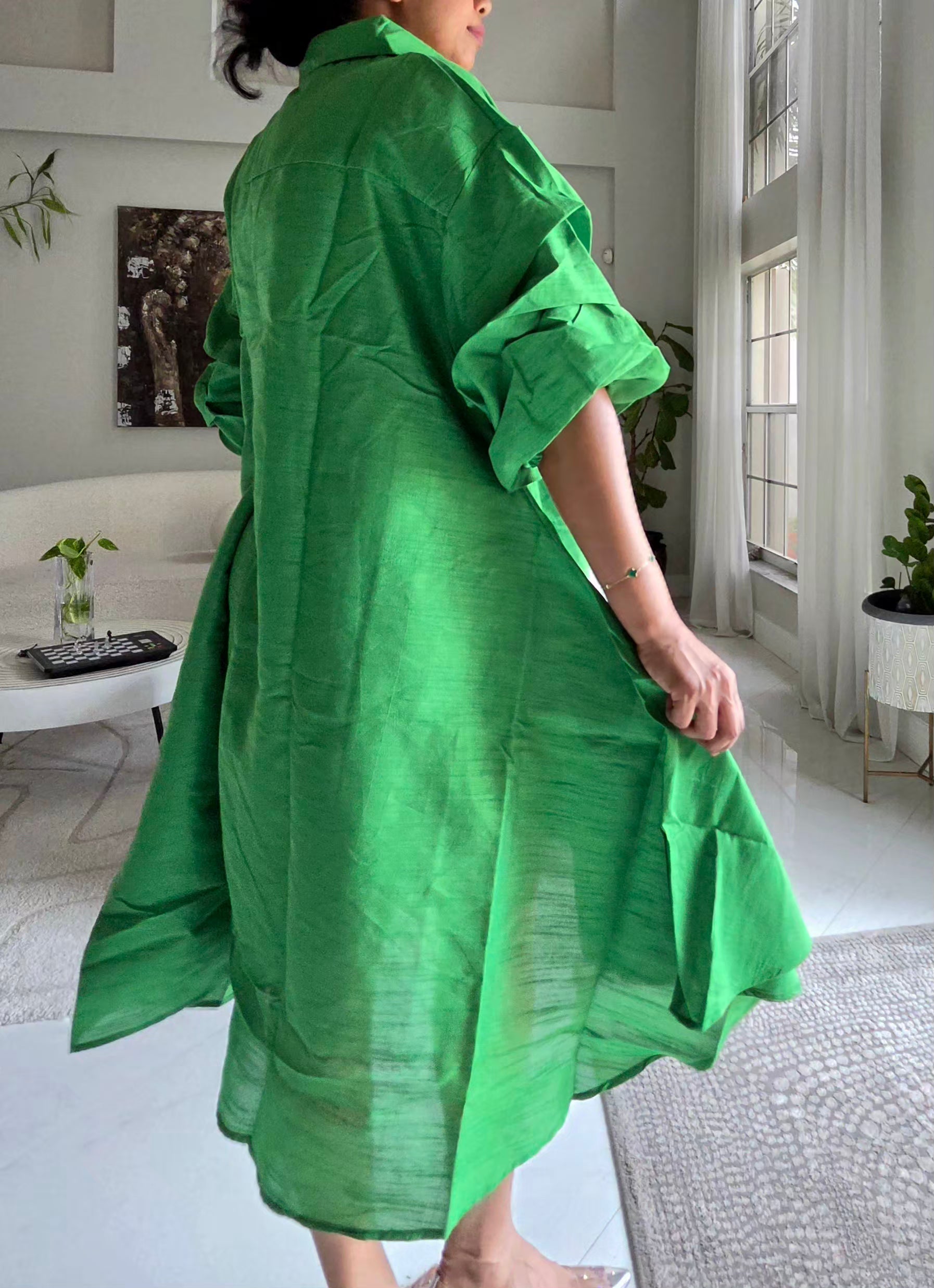 Swing Dress/ Faux Silk/ Ruffle Sleeve / Sparkle Button - 758