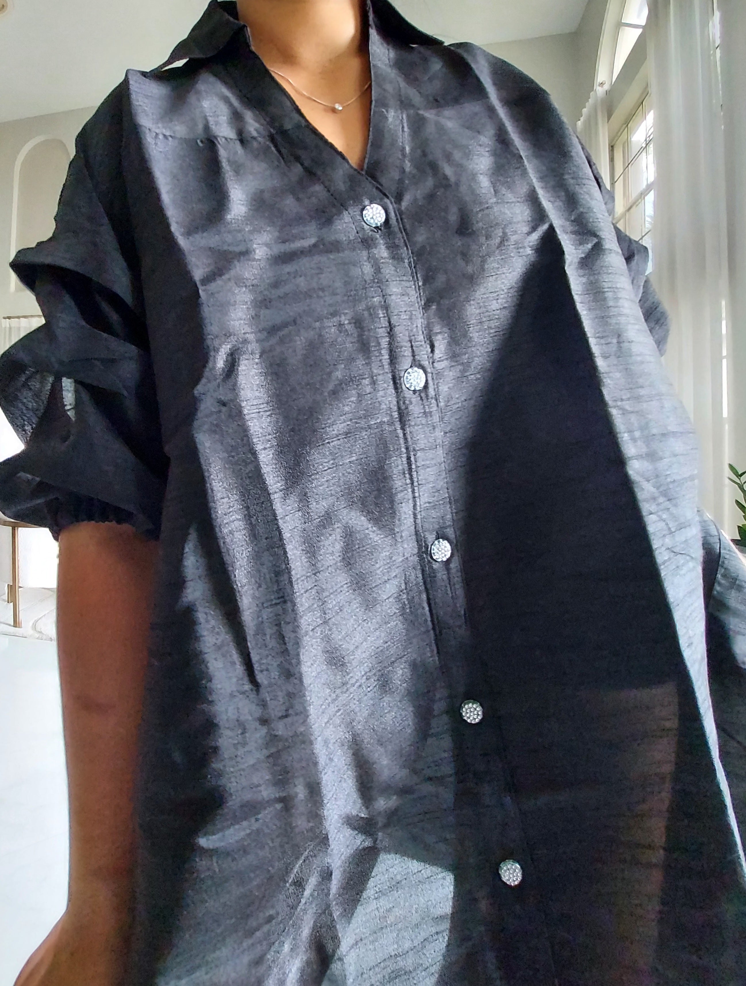 Swing Dress/ Faux Silk/ Ruffle Sleeve - 758 Black