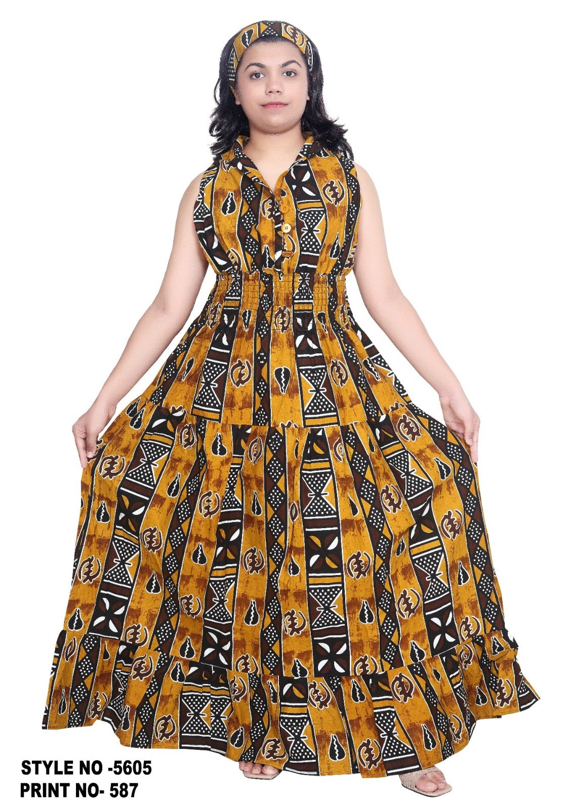 Long Smocked Dress With Scarf 5005 / 3028L