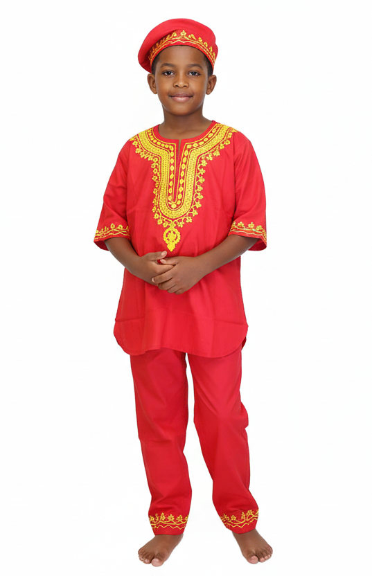 Boys 3 Pcs Embroidery Set/ Pant/Tunic/Kufi Hat 111 Red