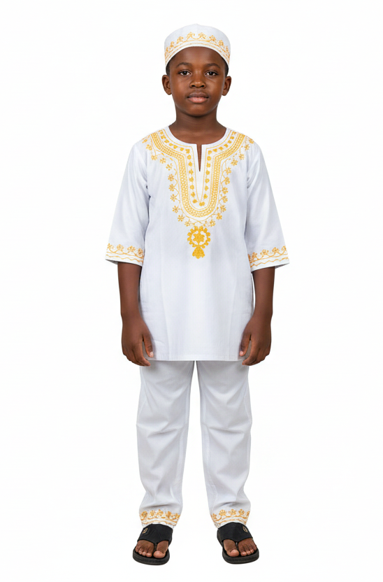 Boys 3 Pcs Embroidery Set/ Pant/Tunic/Kufi Hat 111 White