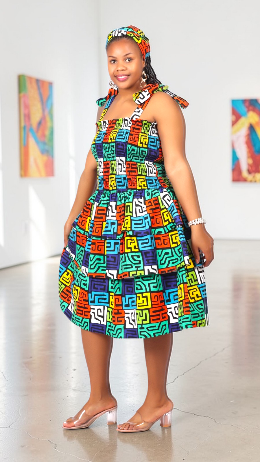 Flounce Dress/Shoulder Straps /African Anarka  Print H KVZ66