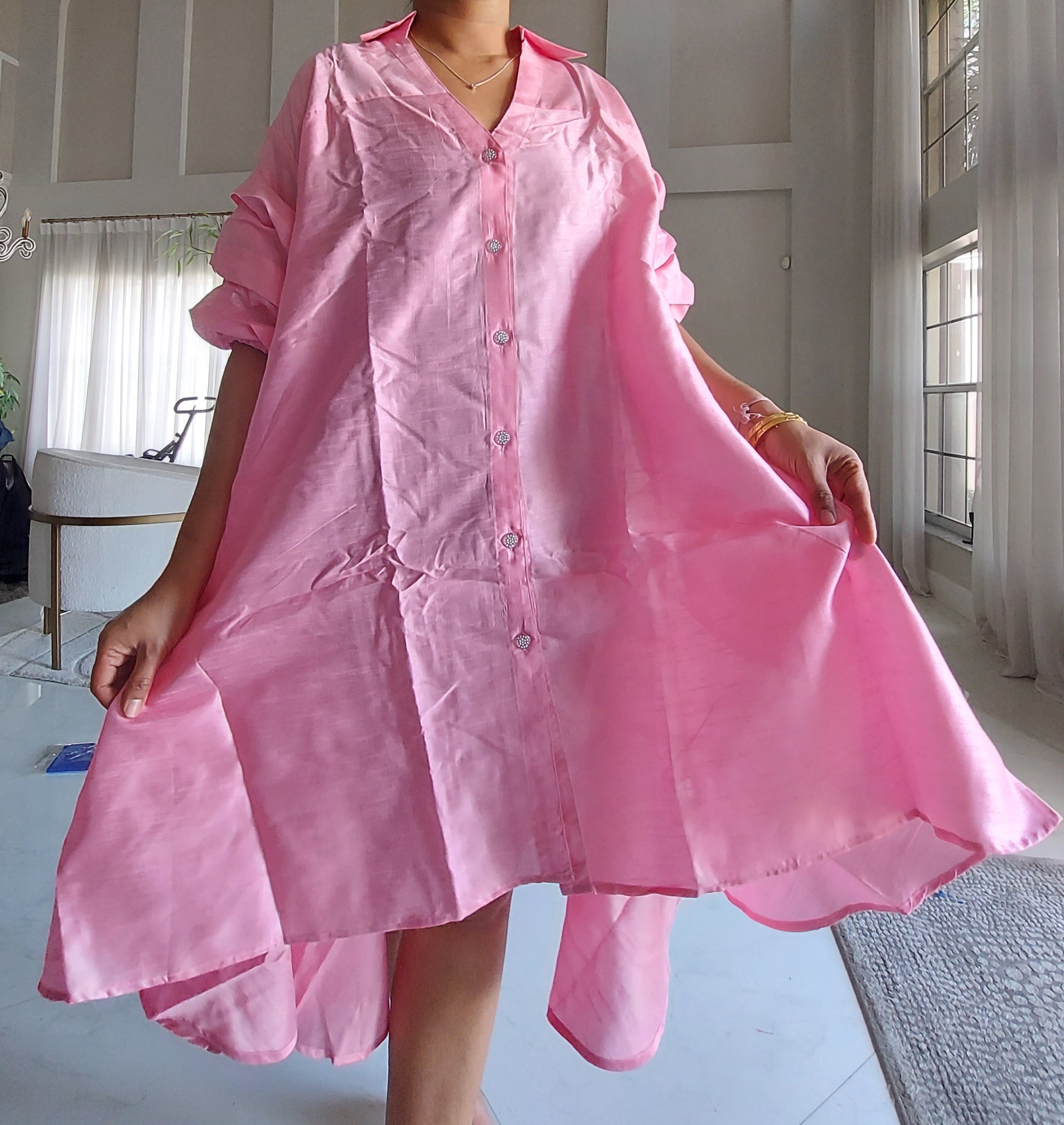 Swing Dress/ Faux Silk/ Ruffle Sleeve - 758 Light Pink