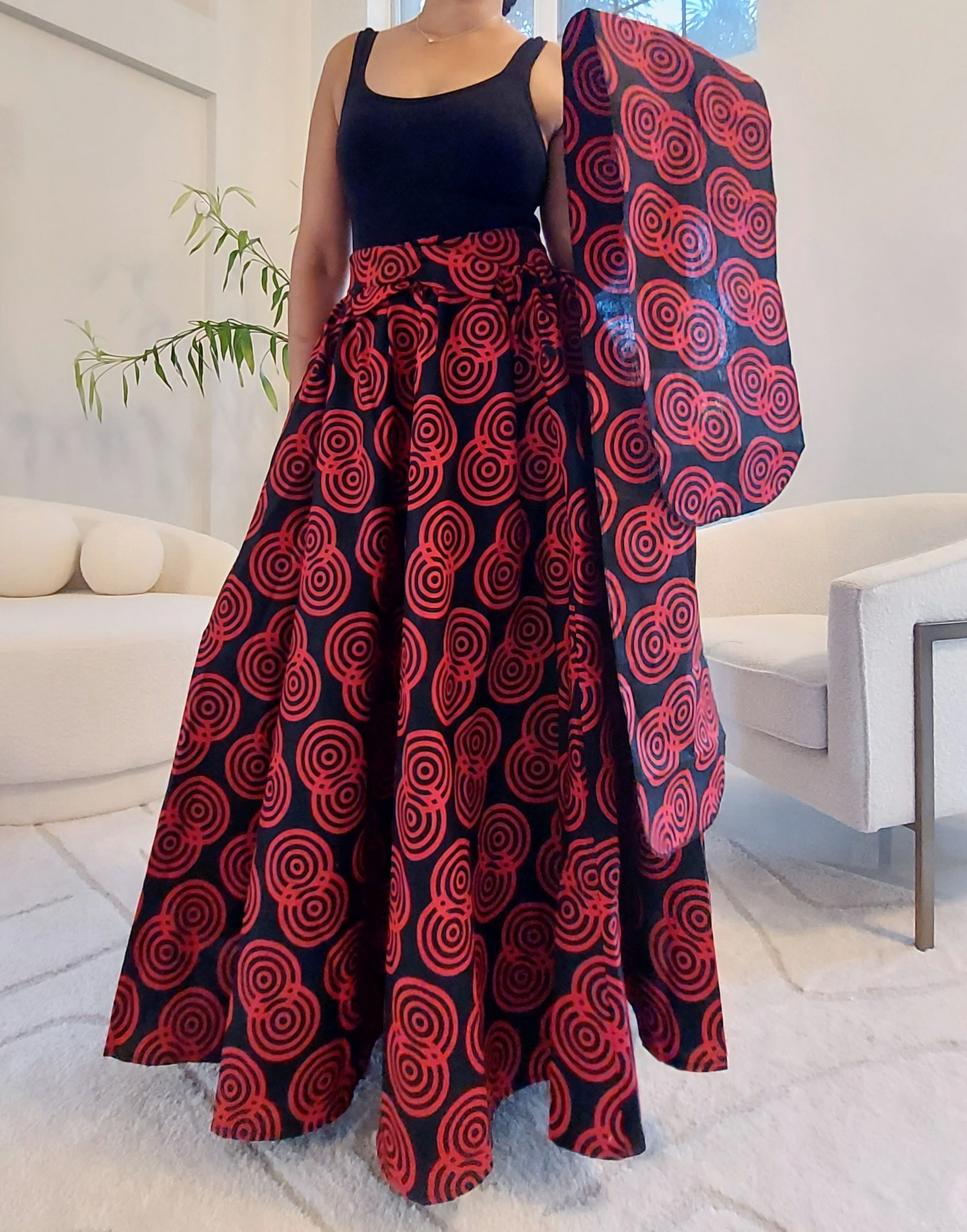 Wrap Blouse & Long Skirt-Red/Black