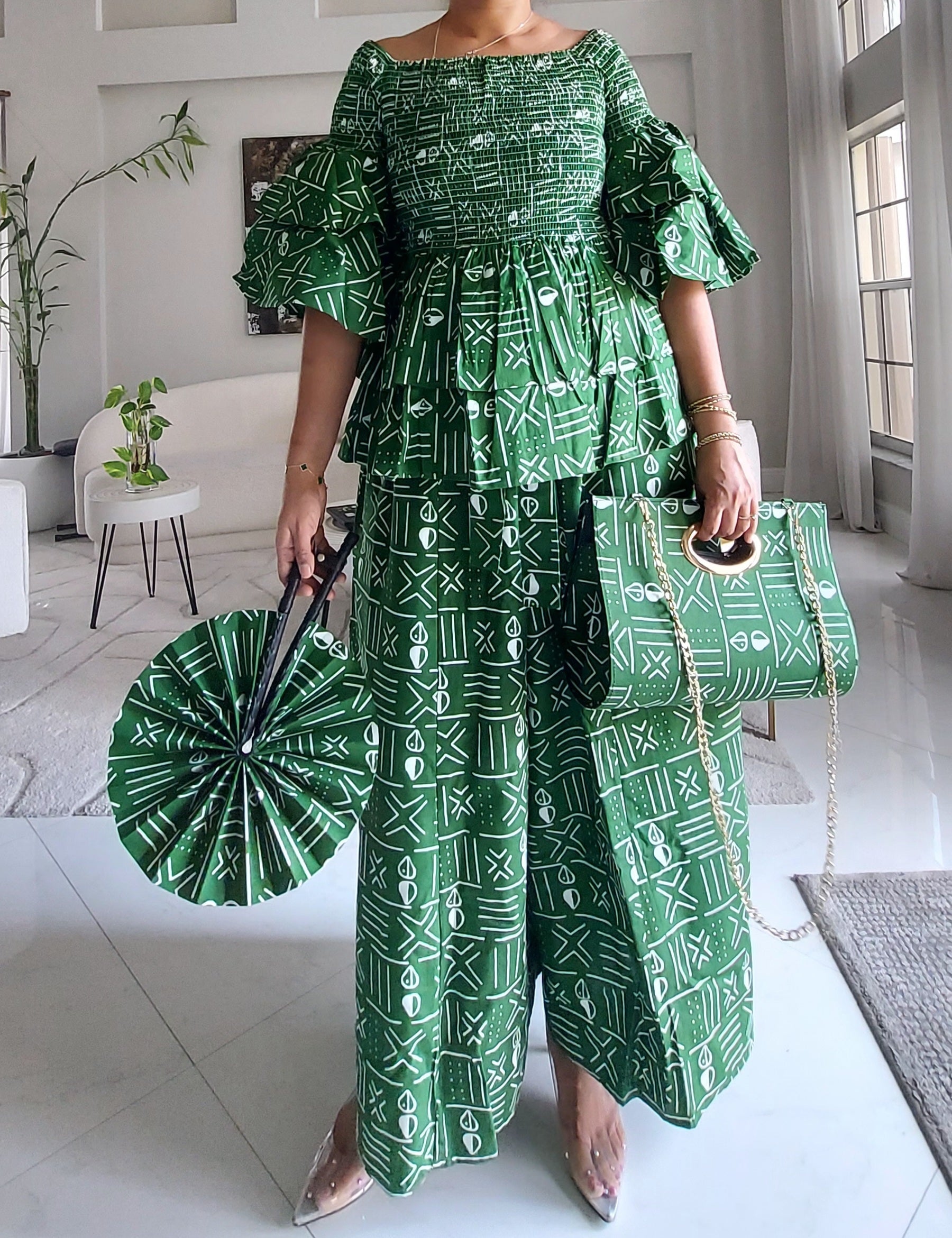 5-Piece African Ankara Pant Set Emerald - 019-PS14