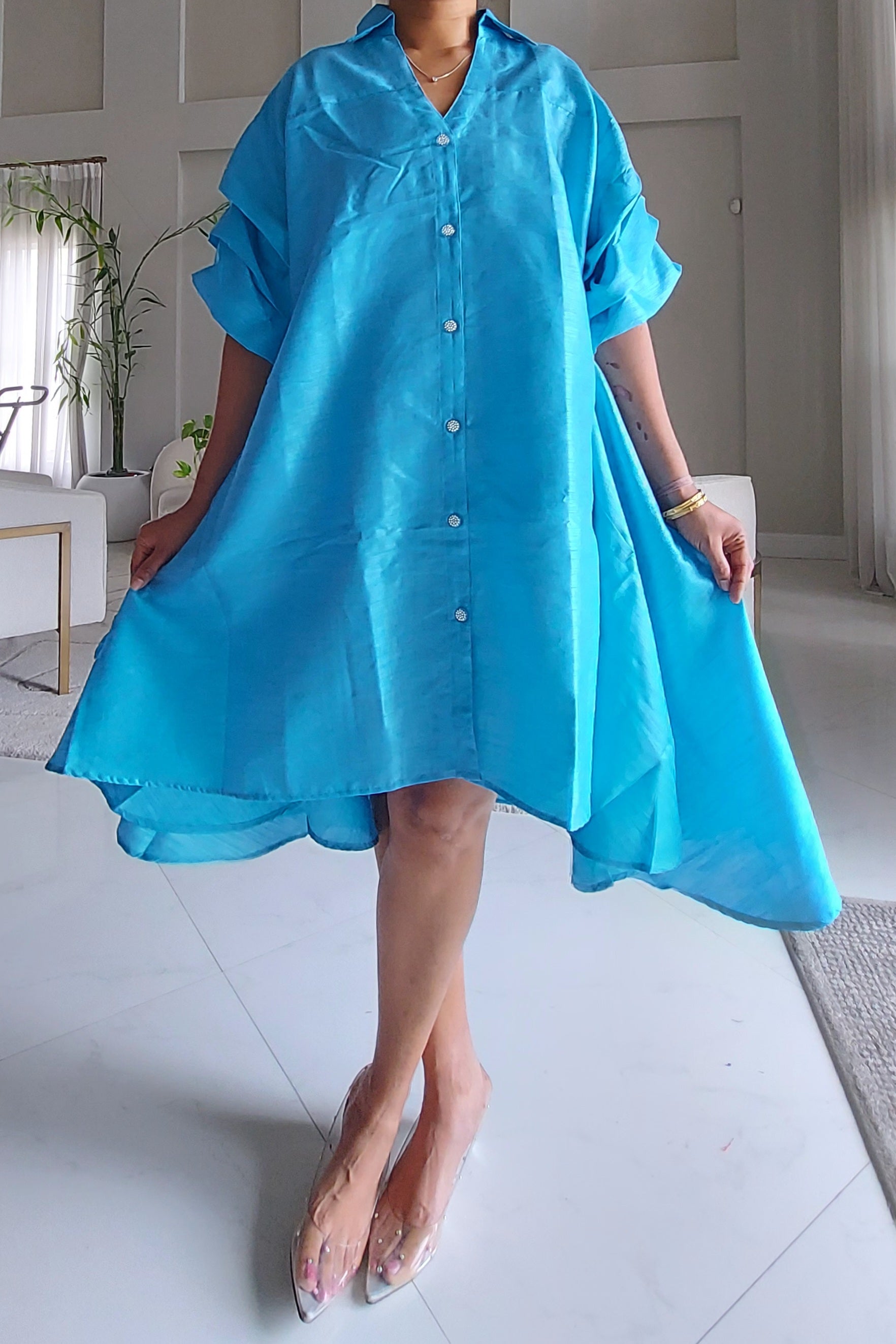 Swing Dress/ Faux Silk/ Ruffle Sleeve - 758 Light Blue