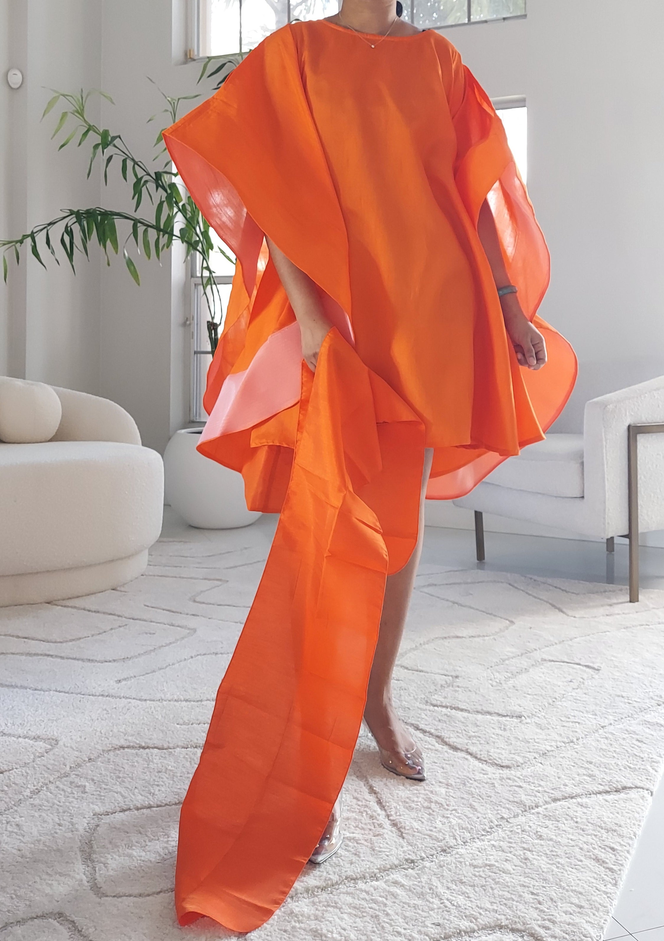 Faux Silk Wing Dress/Poncho Dress/ Wing Sleeves-Orange