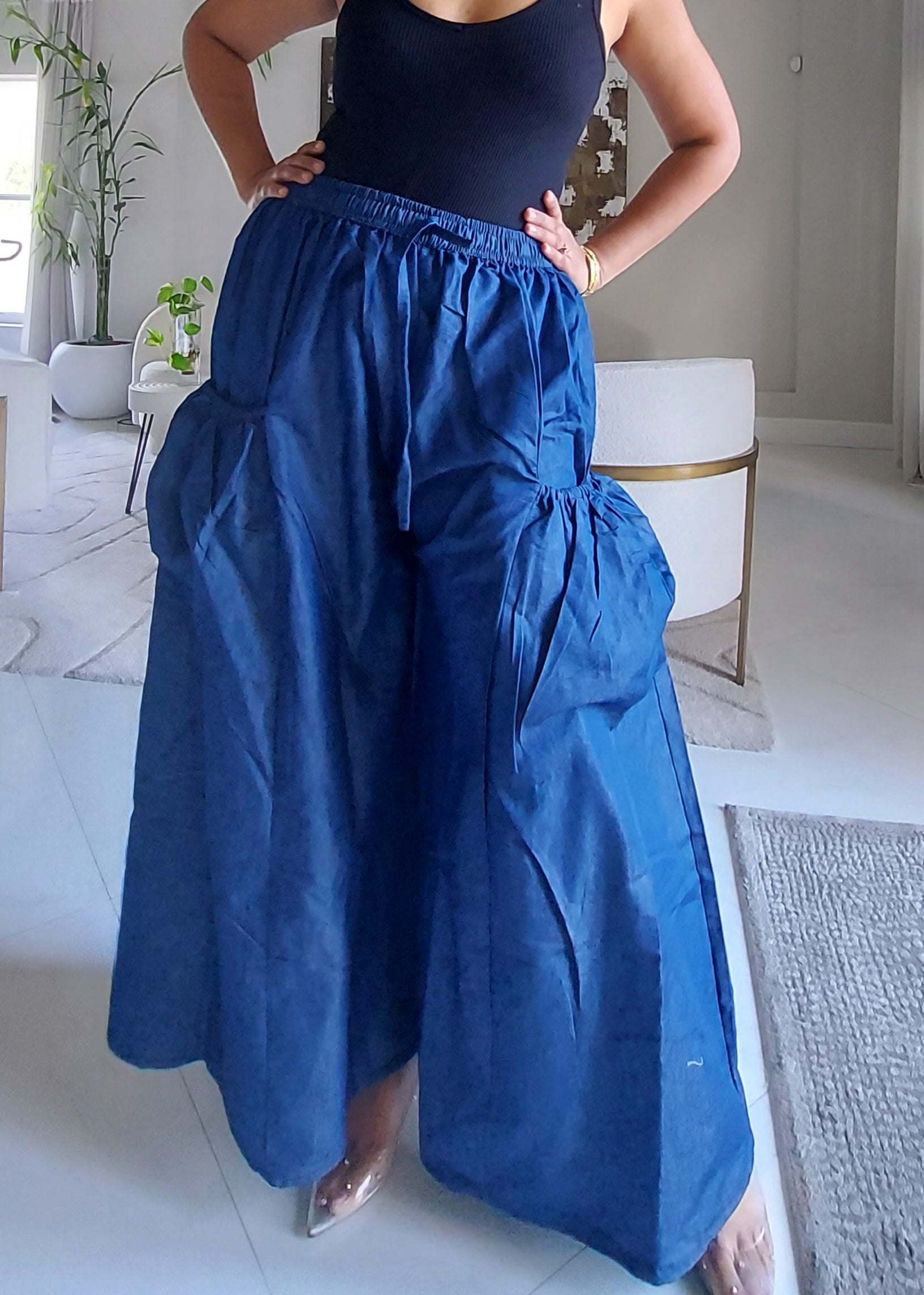 Denim Big Pocket Palazzo Pant - 45 Dark Blue Denim