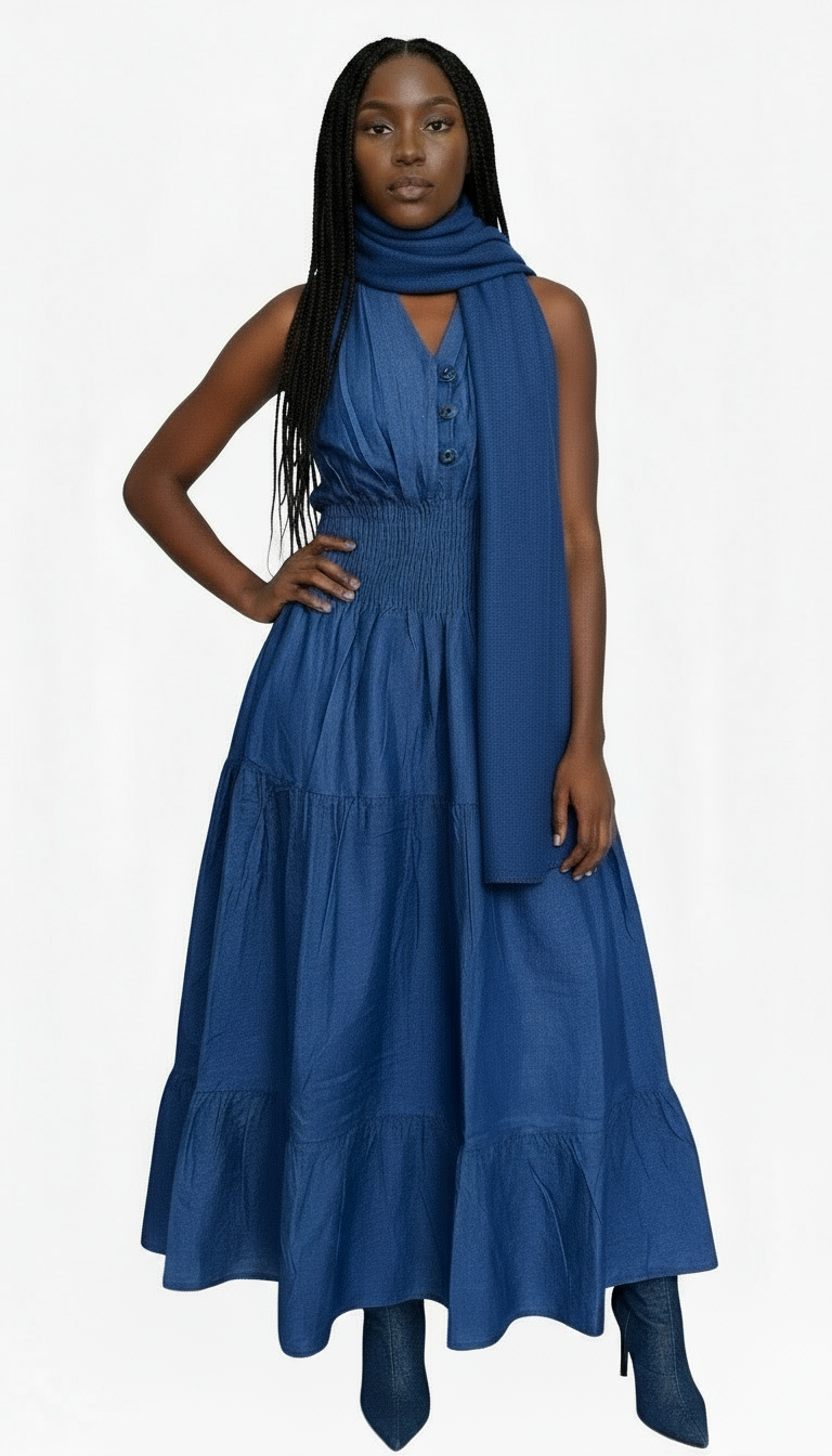Smocked Halter Dress With Scarf Blue Denim - 3028L