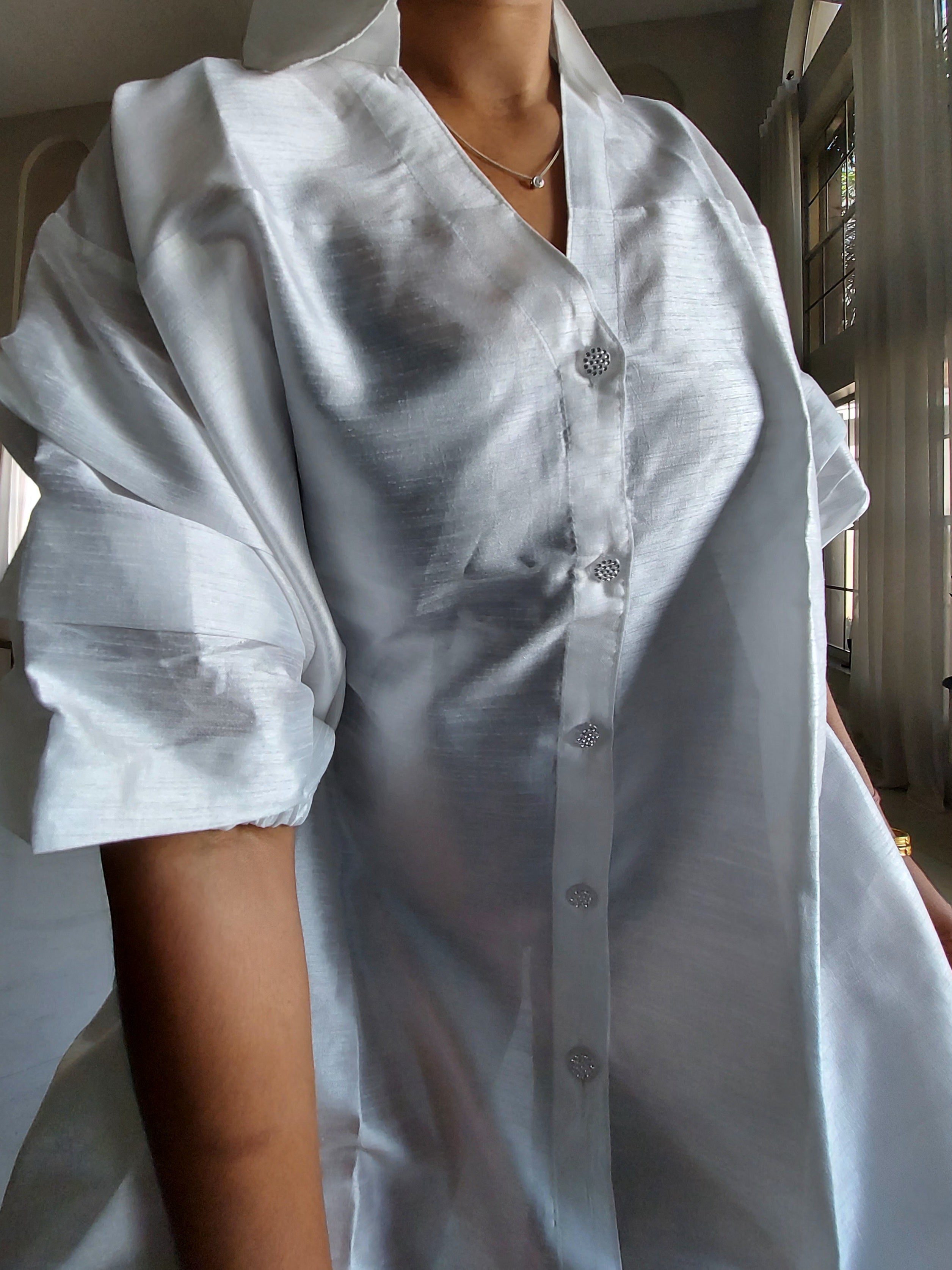 Swing Dress/ Faux Silk/ Ruffle Sleeve - White 758