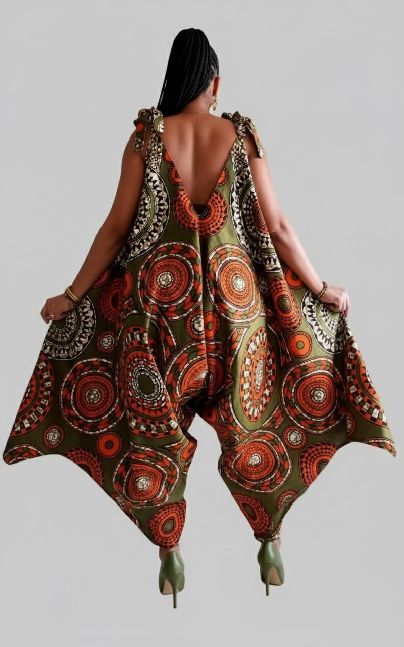 9003 - Harem Romper/Spagetti Straps/ Printed- Olive/Orange