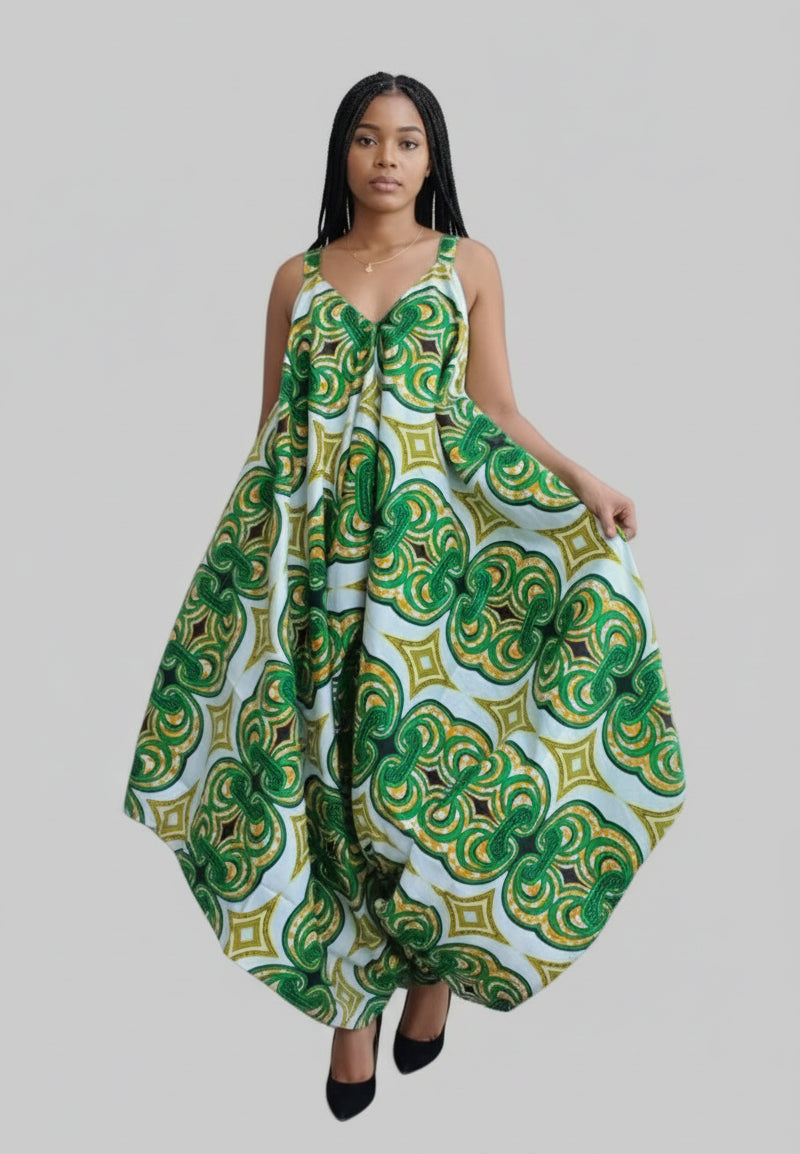 Harem Romper/Spagetti Straps/ Printed-Green/White