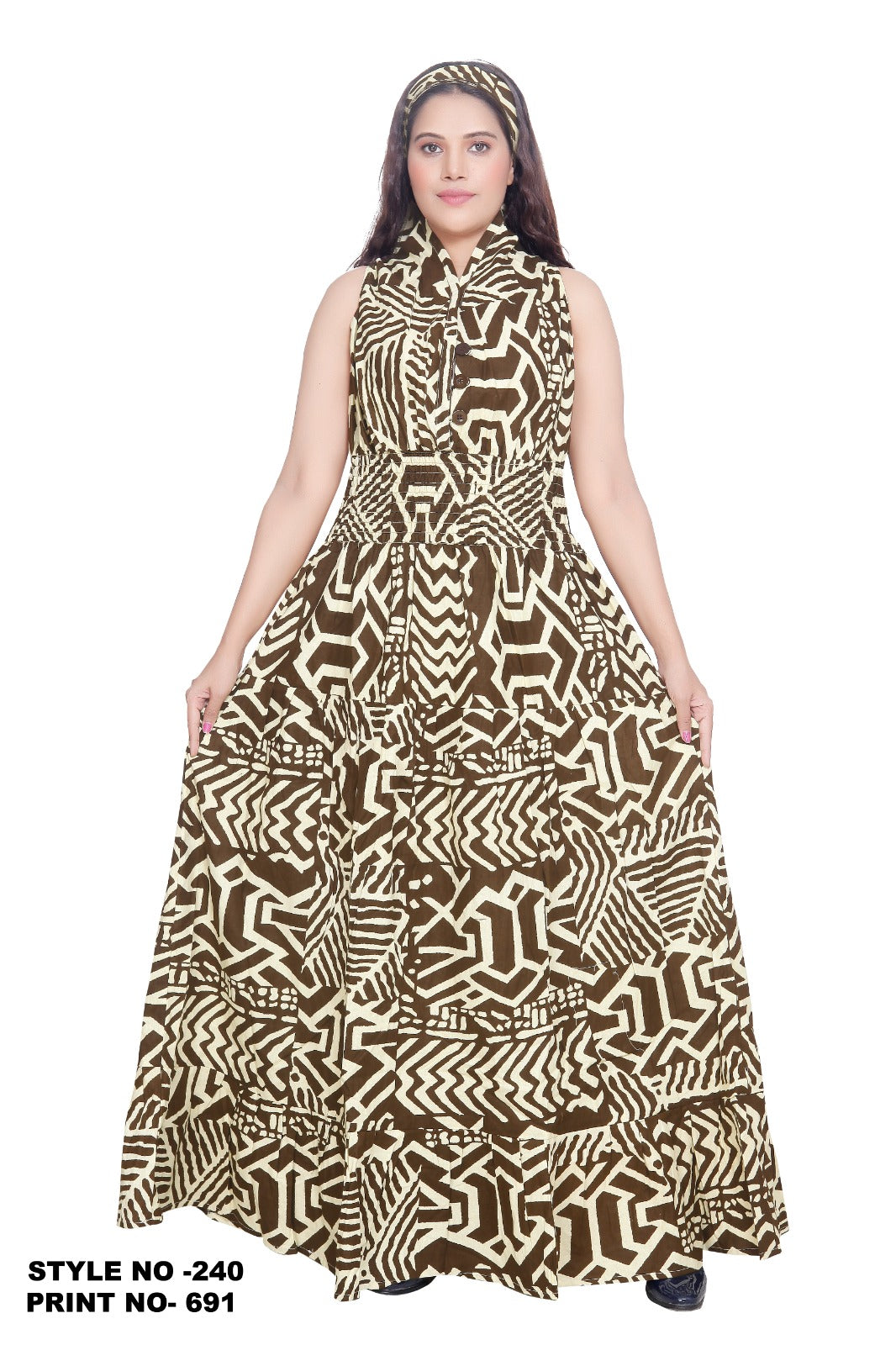 5005 Smocked Dress With Scarf Print 691