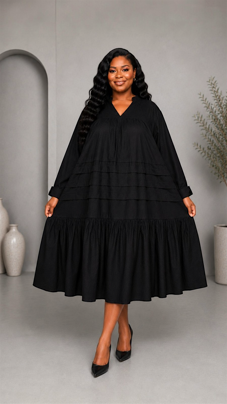 Midi Tiered Dress Black -7580