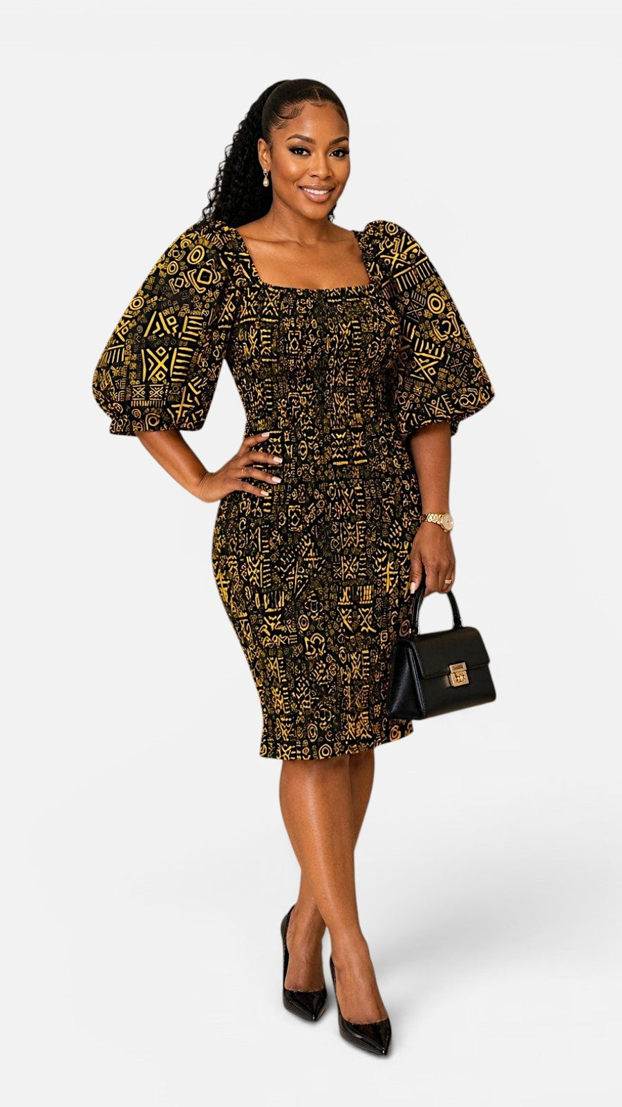 Fitted Smock Mid length Dress/-KVZ35 Yellow