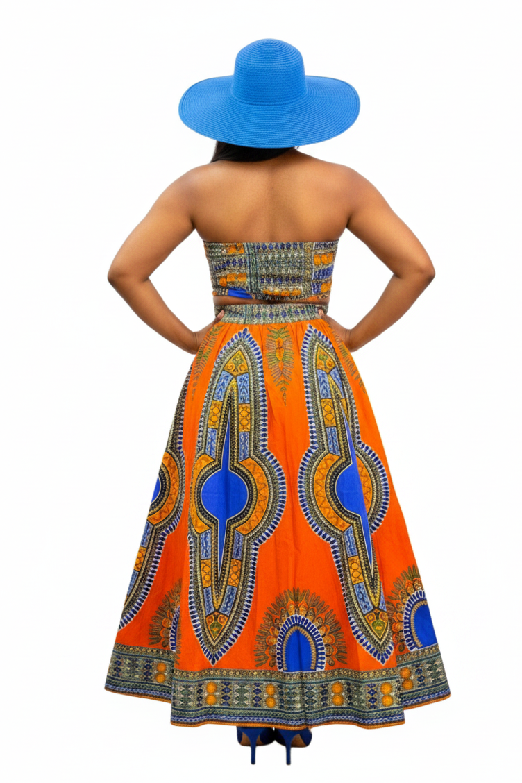 7001 Women Long Maxi Skirt- Orange Dashiki