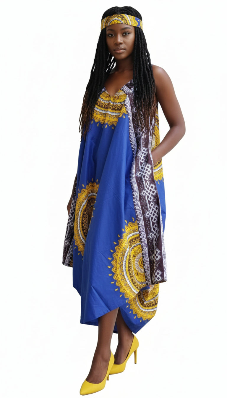 Haren Romper/ Spagetti Straps/ Printed- Royal Blue/Gold