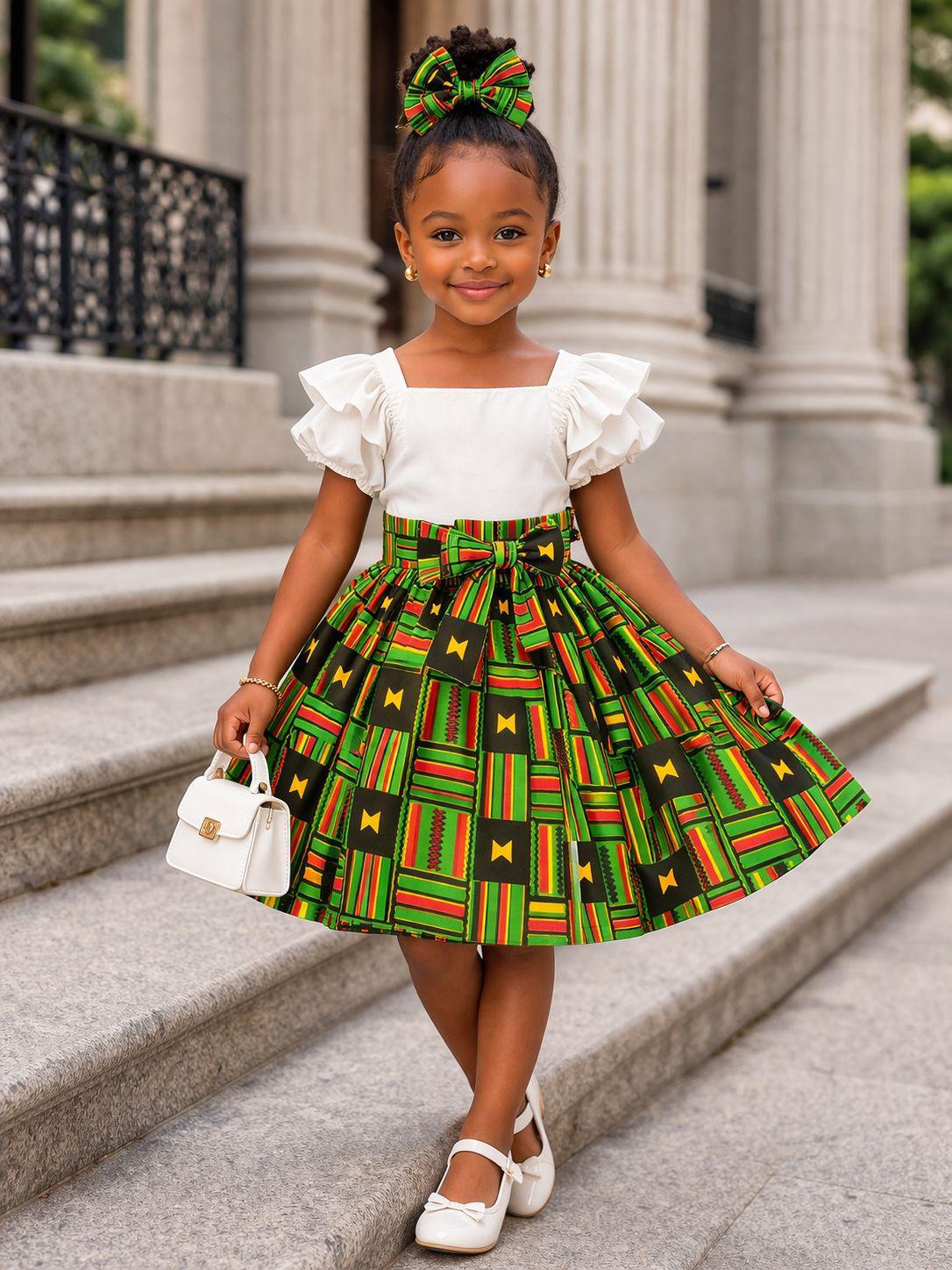 Little Girls Skirt & Head Bow Set-Kids Geen Kente K05