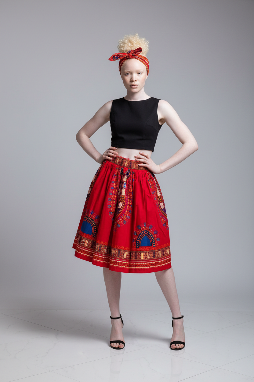 Women Mid Length Flared Skirt - Traditional Dashiki Print  521 Red