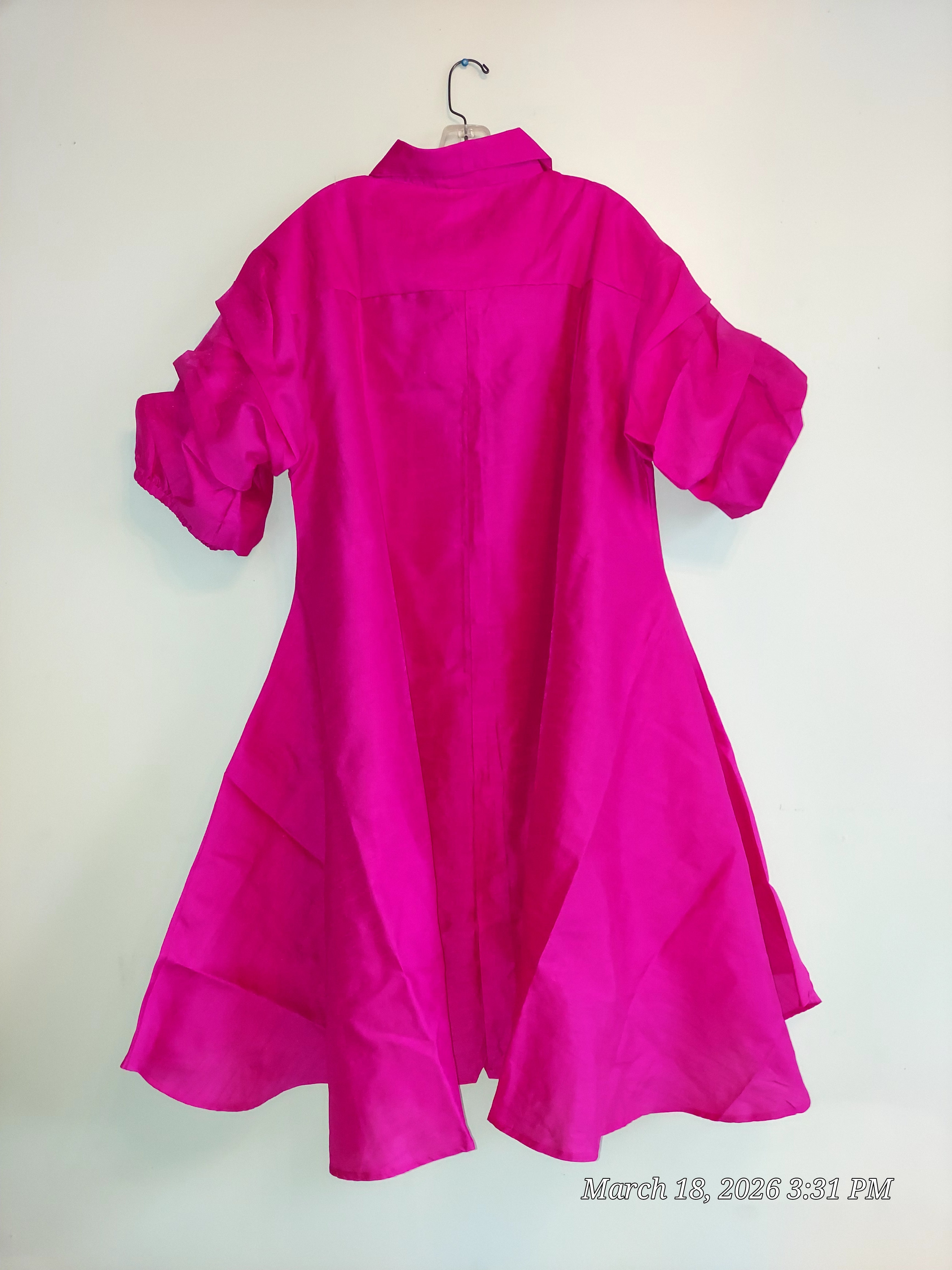 Swing Dress/ Faux Silk/ Ruffle Sleeve - 25013 Bright Pink