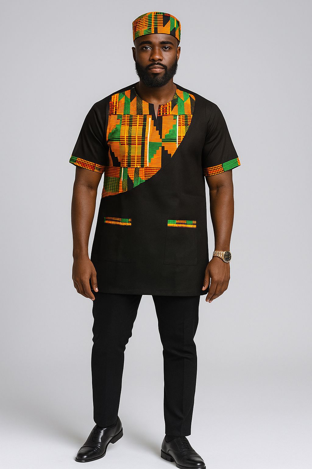 Men Tunic Shirt / Kente Accent- Black M040