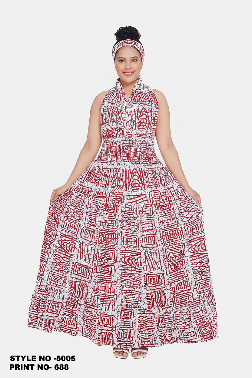 Long Smocked Dress With Scarf 5005 - 688