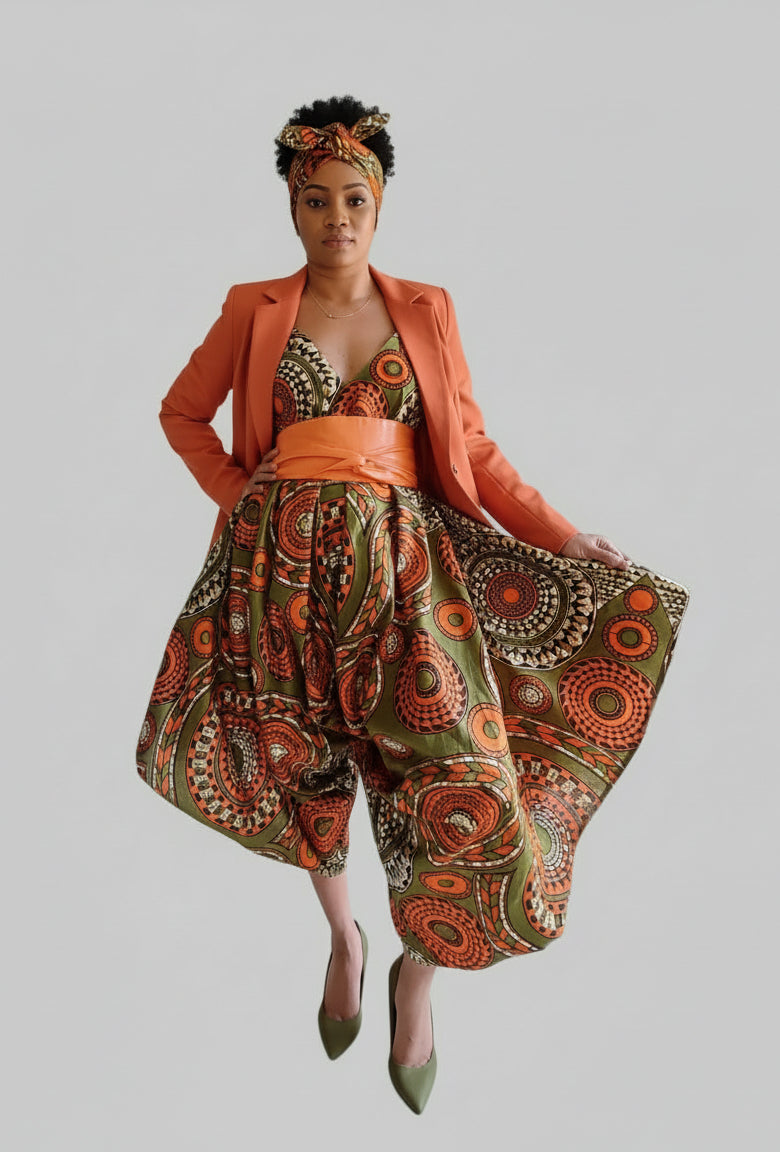 9003 - Harem Romper/Spagetti Straps/ Printed- Olive/Orange