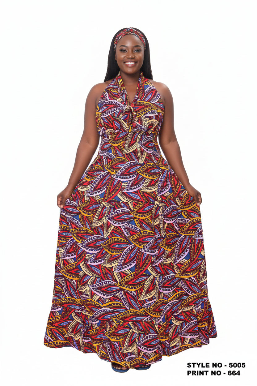 5005 Smocked Dress With Scarf Print 664