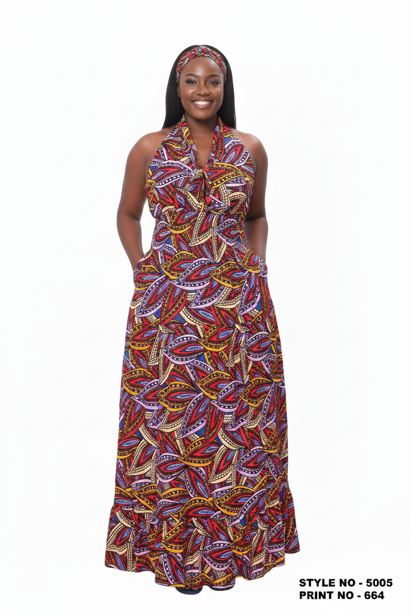 5005 Smocked Dress With Scarf Print 664