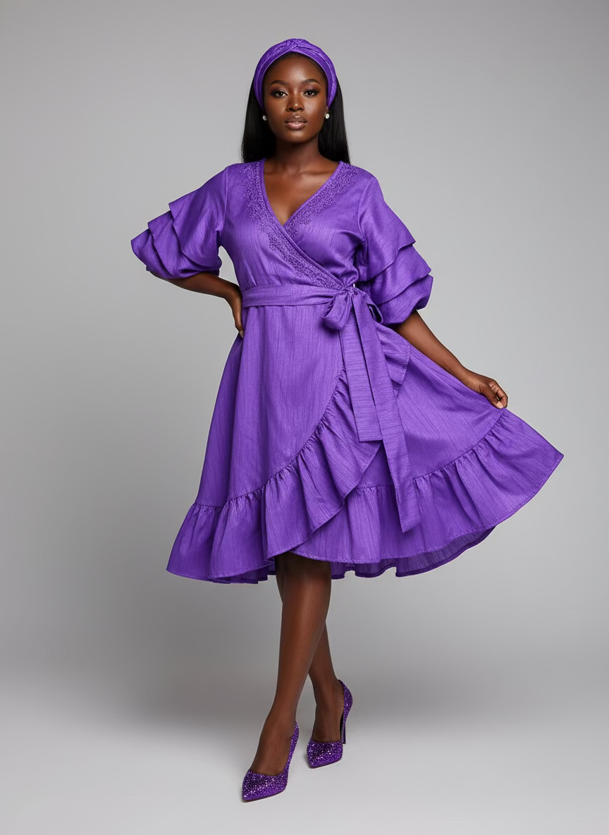 25079 Faux Silk Wrap Dress / Mid Length