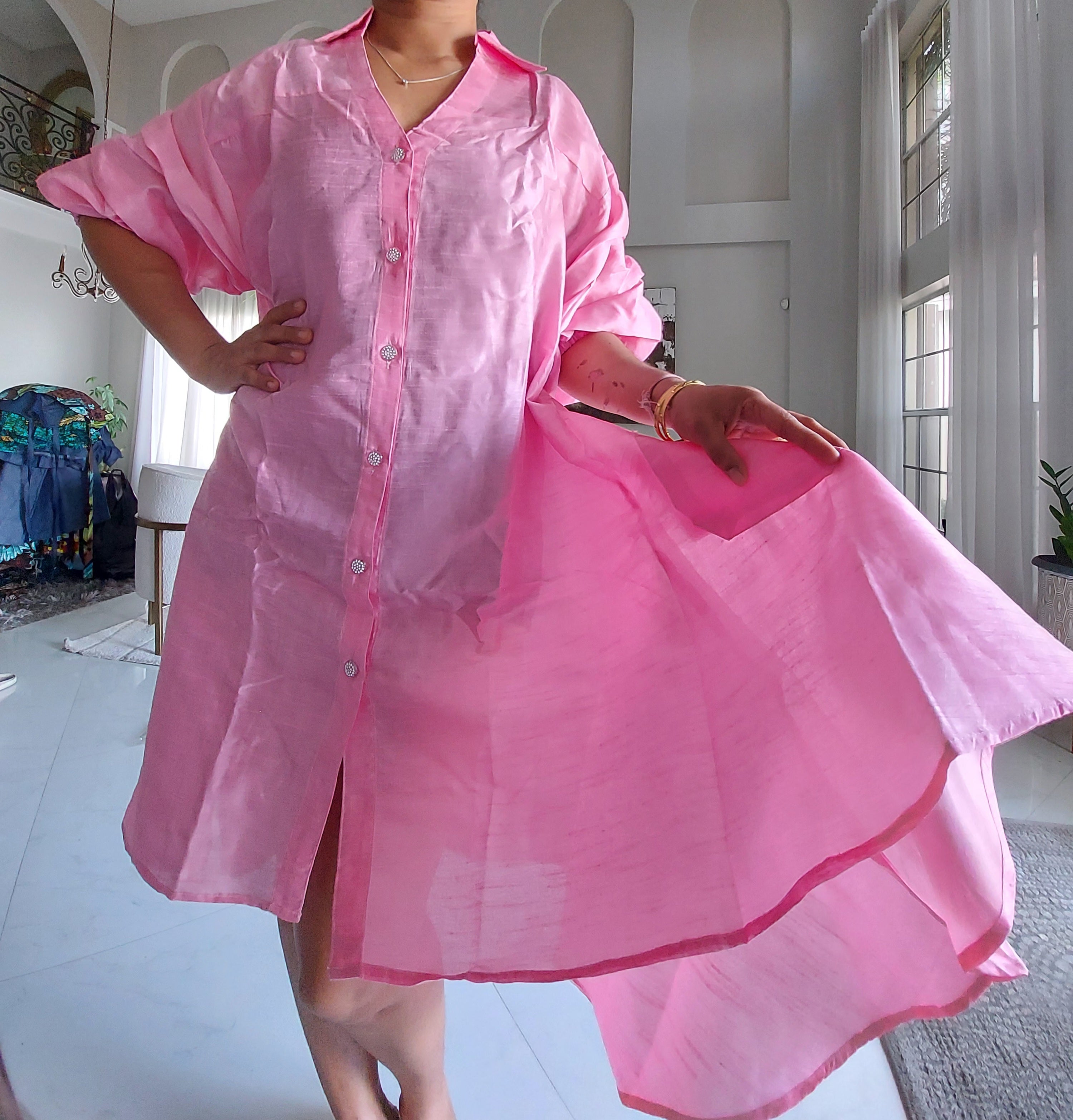 Swing Dress/ Faux Silk/ Ruffle Sleeve - 758 Light Pink