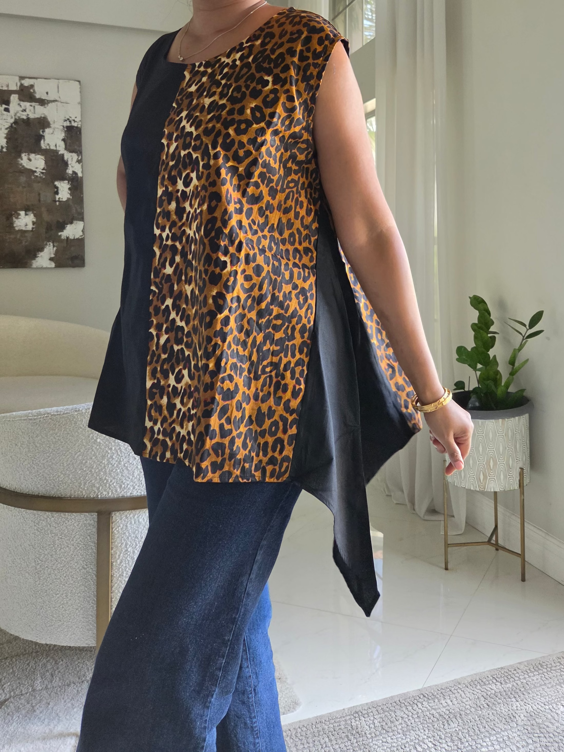 Amina Asymmetric Leopard Cotton Blouse - 7222