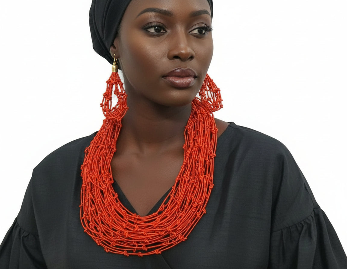 Rope Layered Necklace & Earrings Set Orange