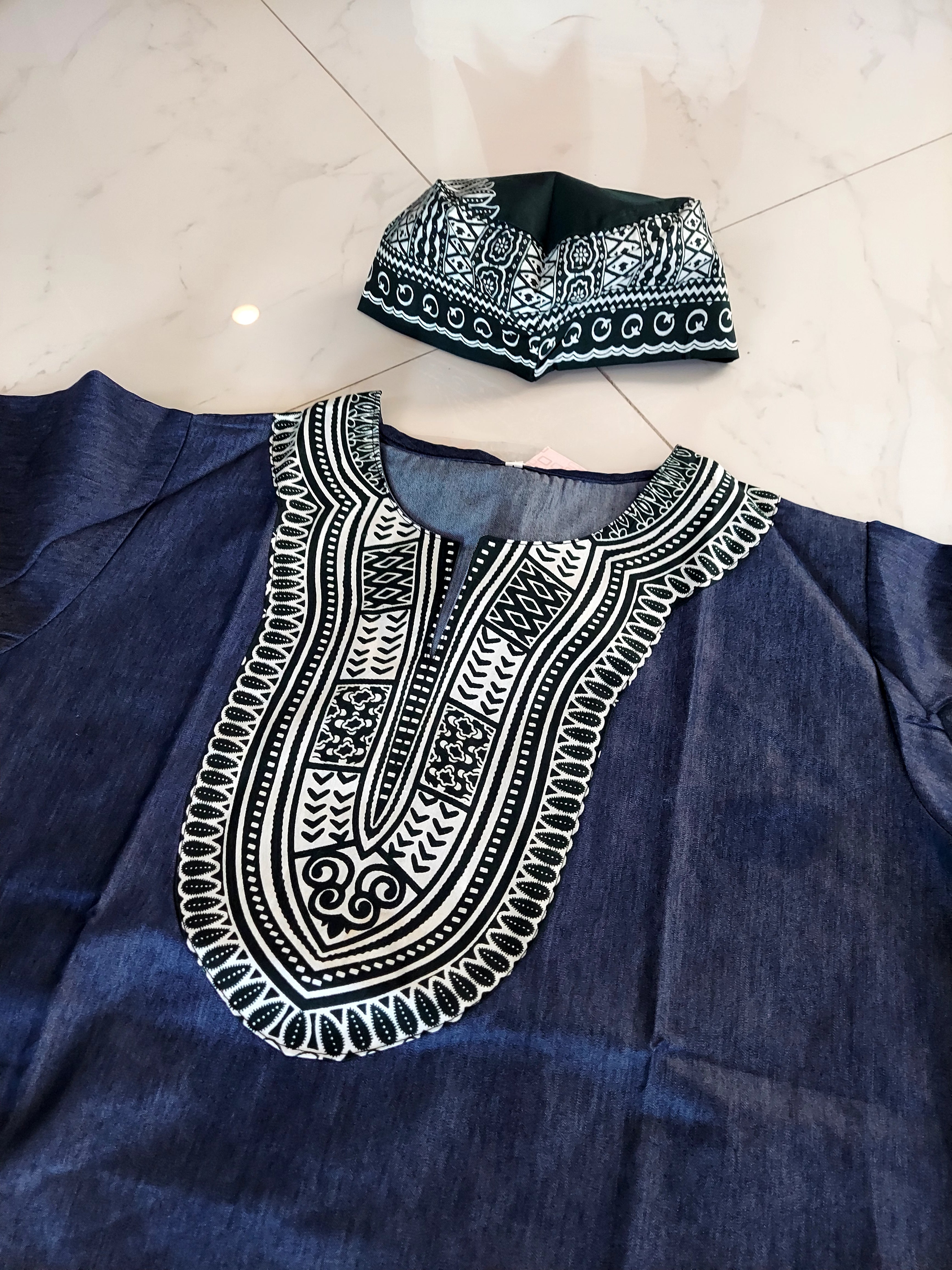 Tunic Shirt / Men Denim Dashiki With Kufi Hat- Dark Green 106