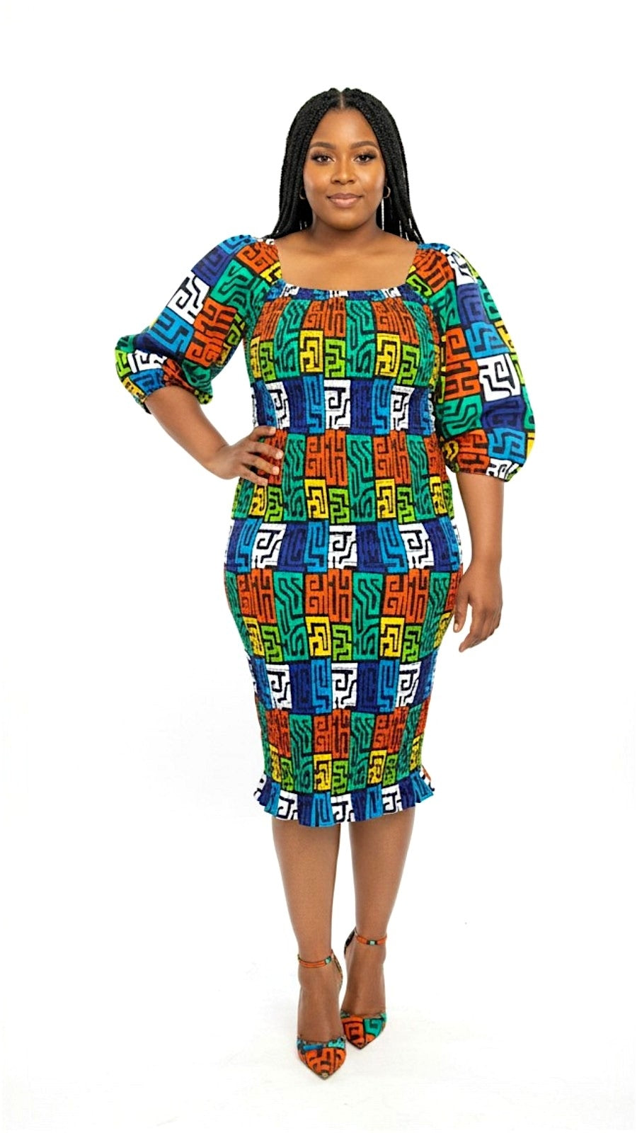 Fitted Smock Mid length Dress/ Puff Sleeve-KVZ35